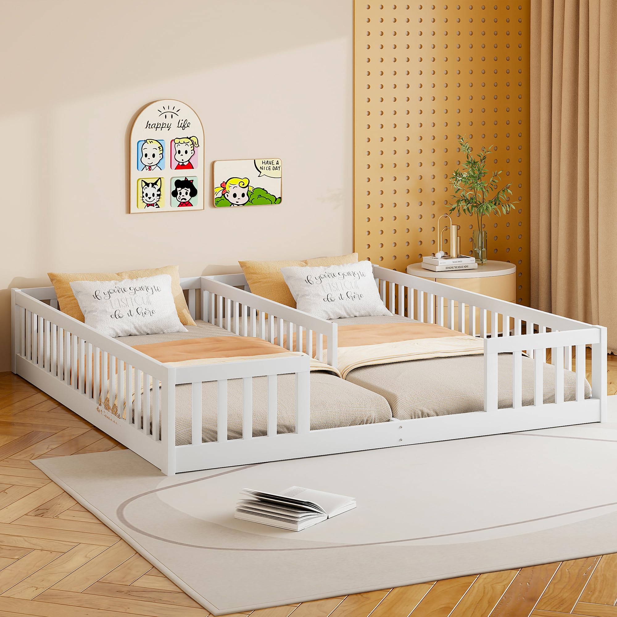Kinderbett Bodenbett 90x200 cm mit Sicherheitsgitter, Holzbett Jugendbett aus Kiefer für Familien mit 2 Kindern, Kinder Bett Zwillingsbett mit Lattenrost, Weiß