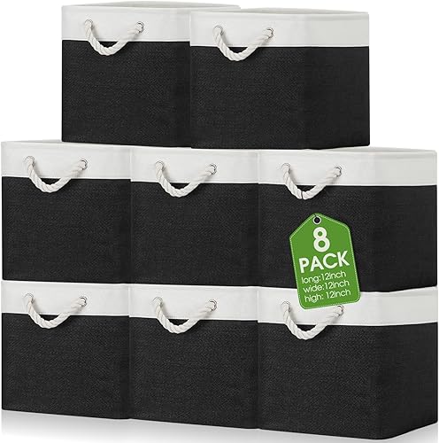 Vista 112 de meekoo Paquete de 8 contenedores plegables de almacenamiento de tela, cestas de tela de poliéster con asas, organizador de armario de lino para Gris