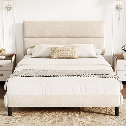 Base de cama de plataforma tamaño Queen con cabecera de terciopelo, soporte de listones de madera de altura ajustable, base de colchón tapizada, se