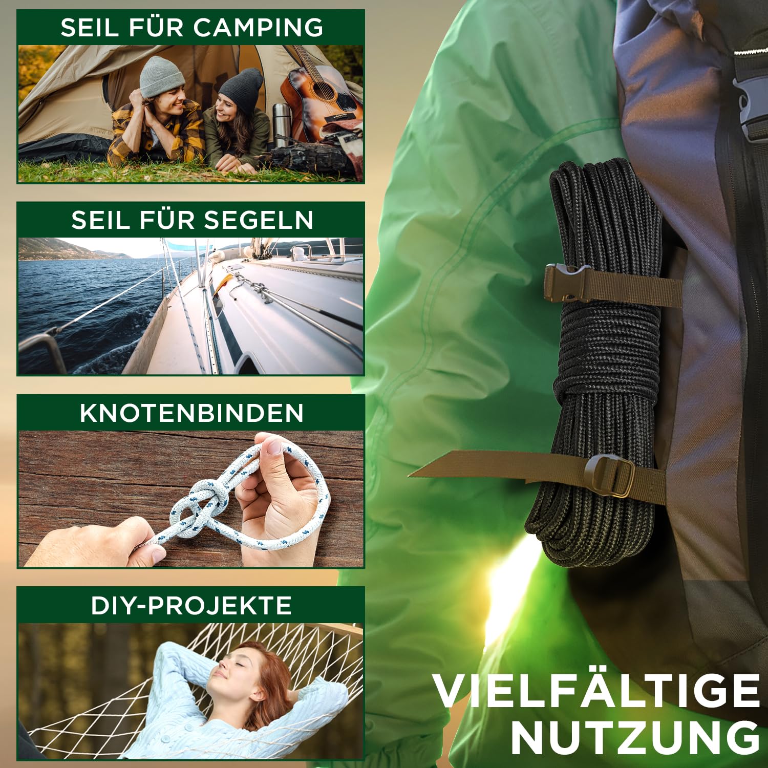TECEUM Seil – 46M x 7mm (1/4 Inch) – Schwarz - Starkes Allzweckseil - Camping, Basteln, Fahnenmast, drinnen und draußen - Polypropylen Nylon Poly Leichtgewicht Diamant geflochtene Schnur