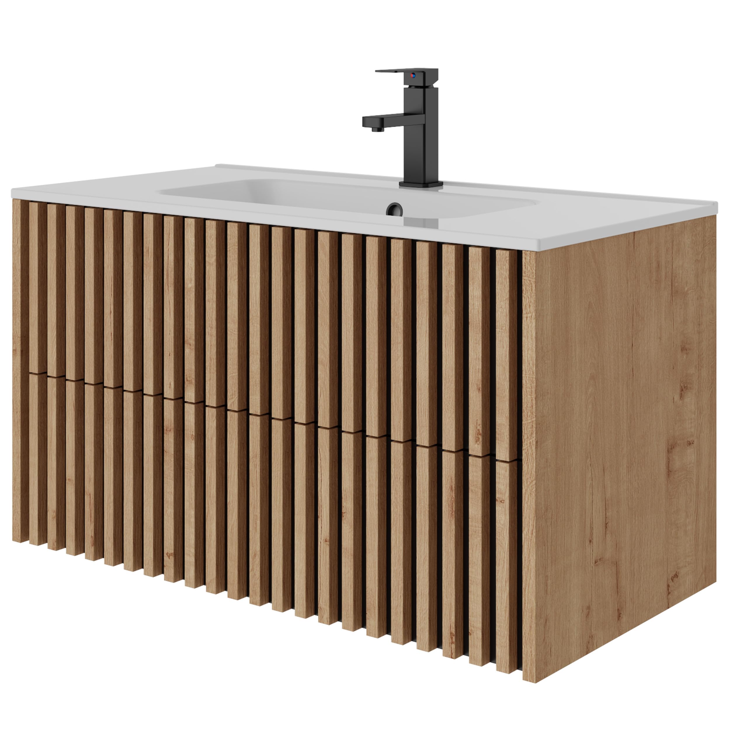 UEV 90CM Mueble de Baño Suspendido con Lavabo de Cerámica, Mueble Lavabo Incluido con 2 Cajones para Almacenaje, Moderno y Práctico, Natural