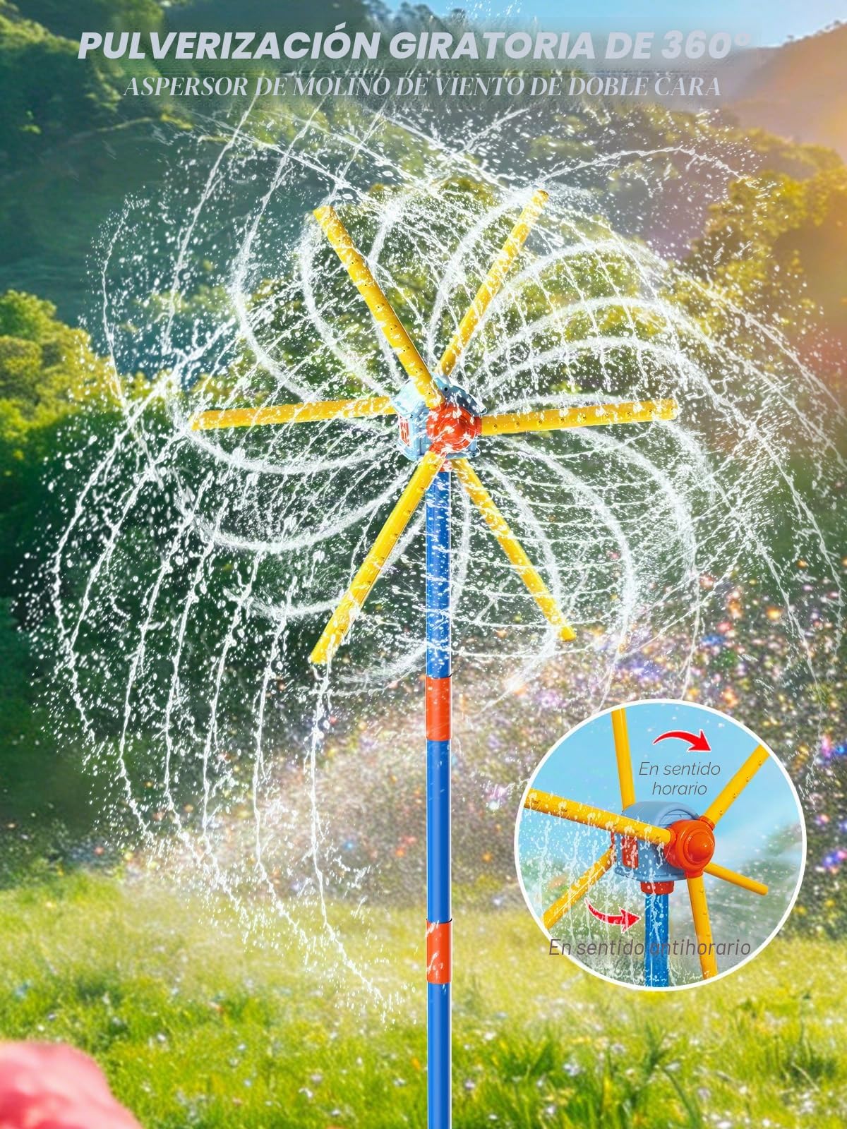 TERRAMUS Aspersor de agua con molinete de 59 pulgadas para niños, juguetes de verano, juguete de agua giratorio de 360°, doble cara mejorado con 6 aspas, juegos de jardín al aire libre, diversión de