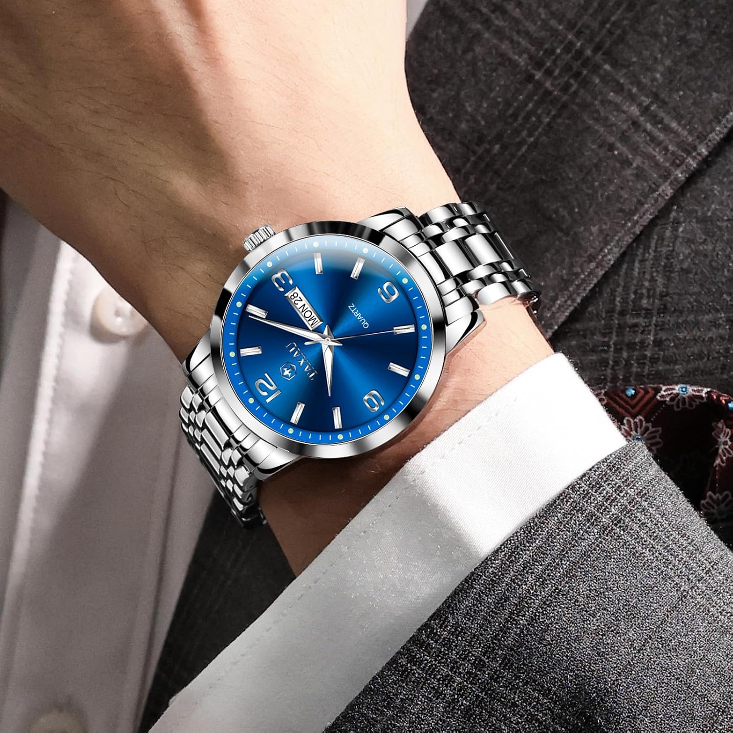 Taxau Men’s Dress Watches Waterproof Analog Quartz Watch with Day Date Stainless Steel Band Luxury Large Arabic Numerals Classic Luminous Hands Easy Read, Hidden Butterfly Clasp Relojes para Hombres
