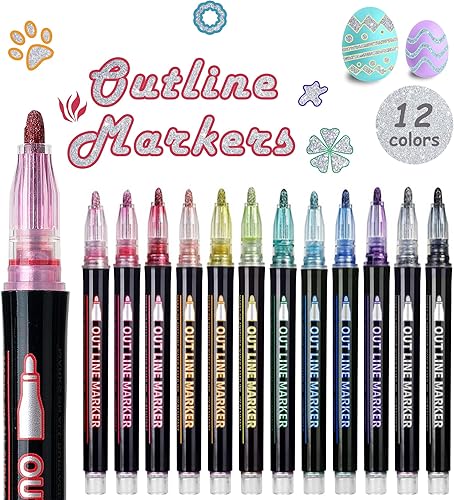 Bolígrafos de contorno de doble línea, 12 colores autodelineados metálicos, juego de bolígrafos con purpurina brillante para escritura de tarjetas