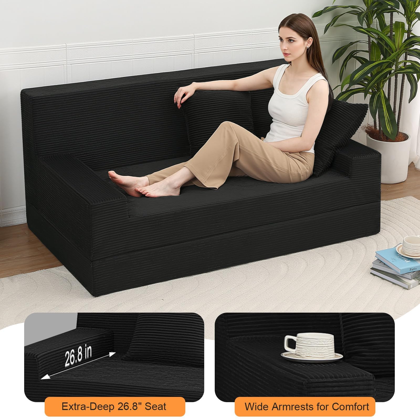 MeMoreCool 59" Boneless Couch Bed, Loveseat Futon Sofa, Small Space, Black | 59 in loveseat, opens to a 59 x 71 in bed - 9 in shorter than a queen; corduroy cover, 700 lb
