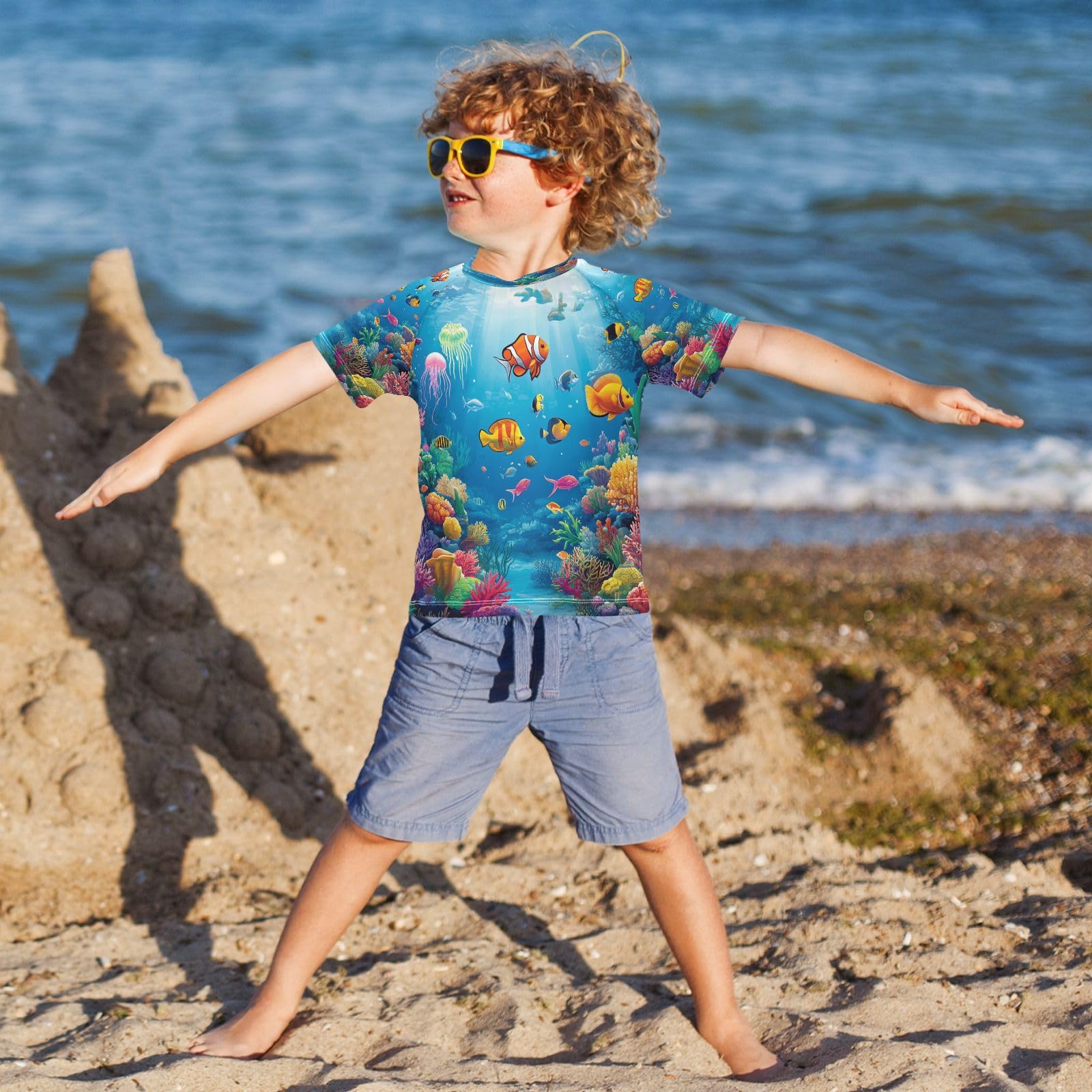Boys Sun Shirts UV Protection Short Sleeve Rash Guard Swim Shirt Ocean Theme Water Shirt Rashguard 11-12T,010