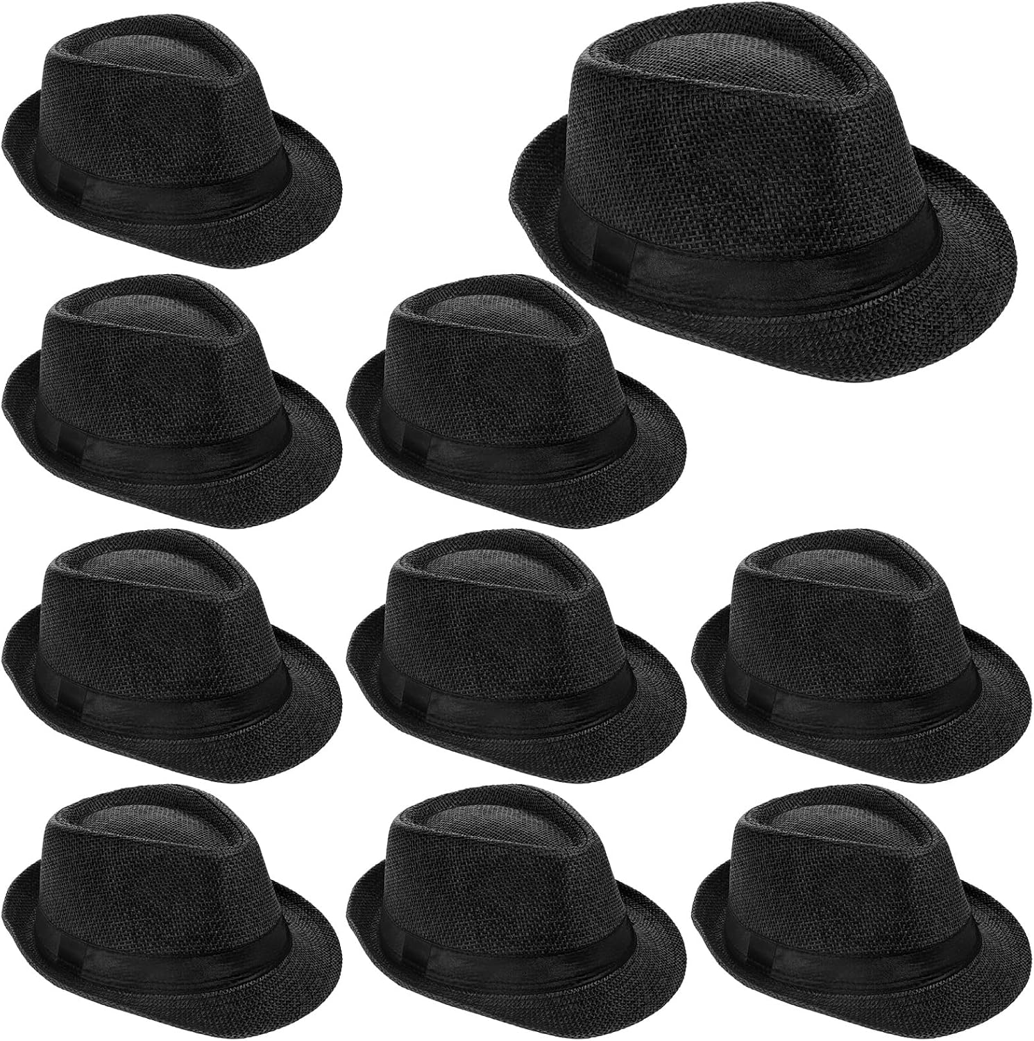 10 Pack Classic Fedora Hats for Men & Women, Short Brim Panama Style Party Costume Hat, Circumference 22-22.8 inch / 56-58 cm (Black)