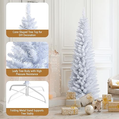 Miniatura 3 de GOFLAME Árbol de Navidad artificial blanco de 6 pies, pino realista con 240 puntas de ramas de PVC, árbol de Navidad sin luz con soporte de metal