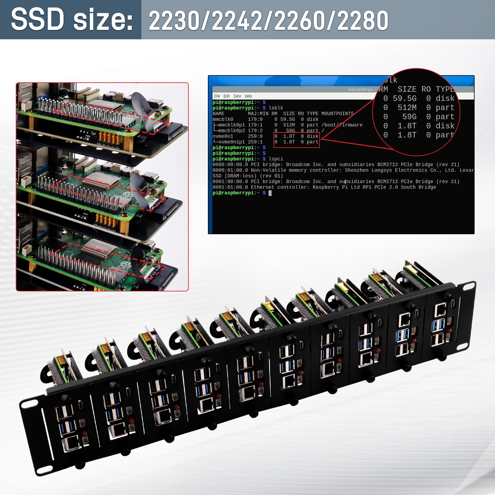 GeeekPi 19 Zoll 2U Rack-Halterung für Raspberry Pi 5, mit 10pcs PCIe auf M.2 NVMe SSD Adaptern, hält bis zu 10 Raspberry Pi 5 Boards, kompatibel mit 19 Zoll Server Rack
