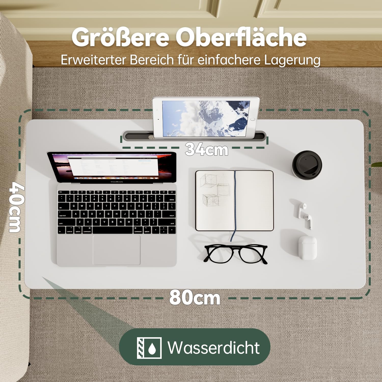 Gibbon Mounts Mobiler Höhenverstellbarer Schreibtisch, Laptoptisch mit 4 Rollen (80 x 40 cm), Stehpult Computertisch Klein, Beistelltisch C Form Couchtisch für Heimbüro, Weiß