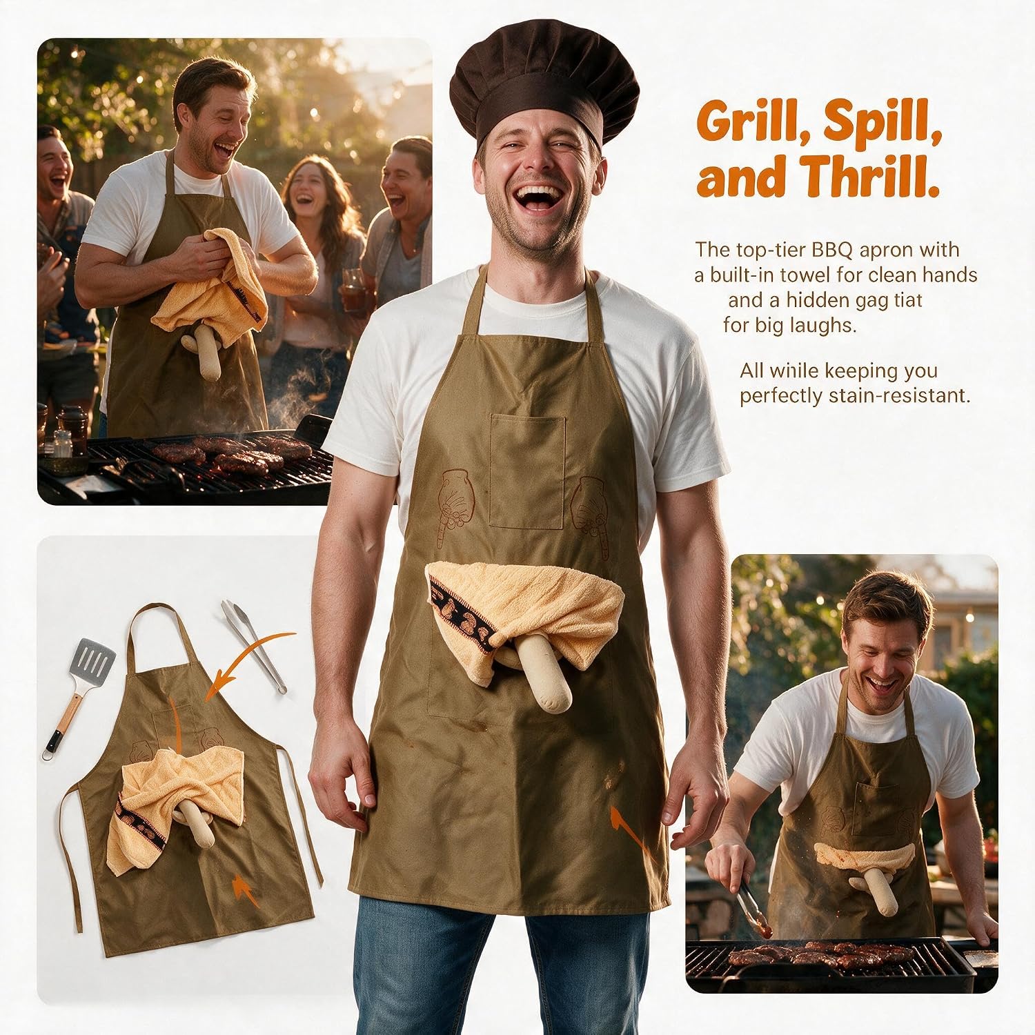 Funny Prank Apron for Men with Hidden Surprise - Hilarious Gag Gift for Father's Day, Birthday & Bachelor Party - Novelty BBQ Cooking Apron with Pocket (Brown)