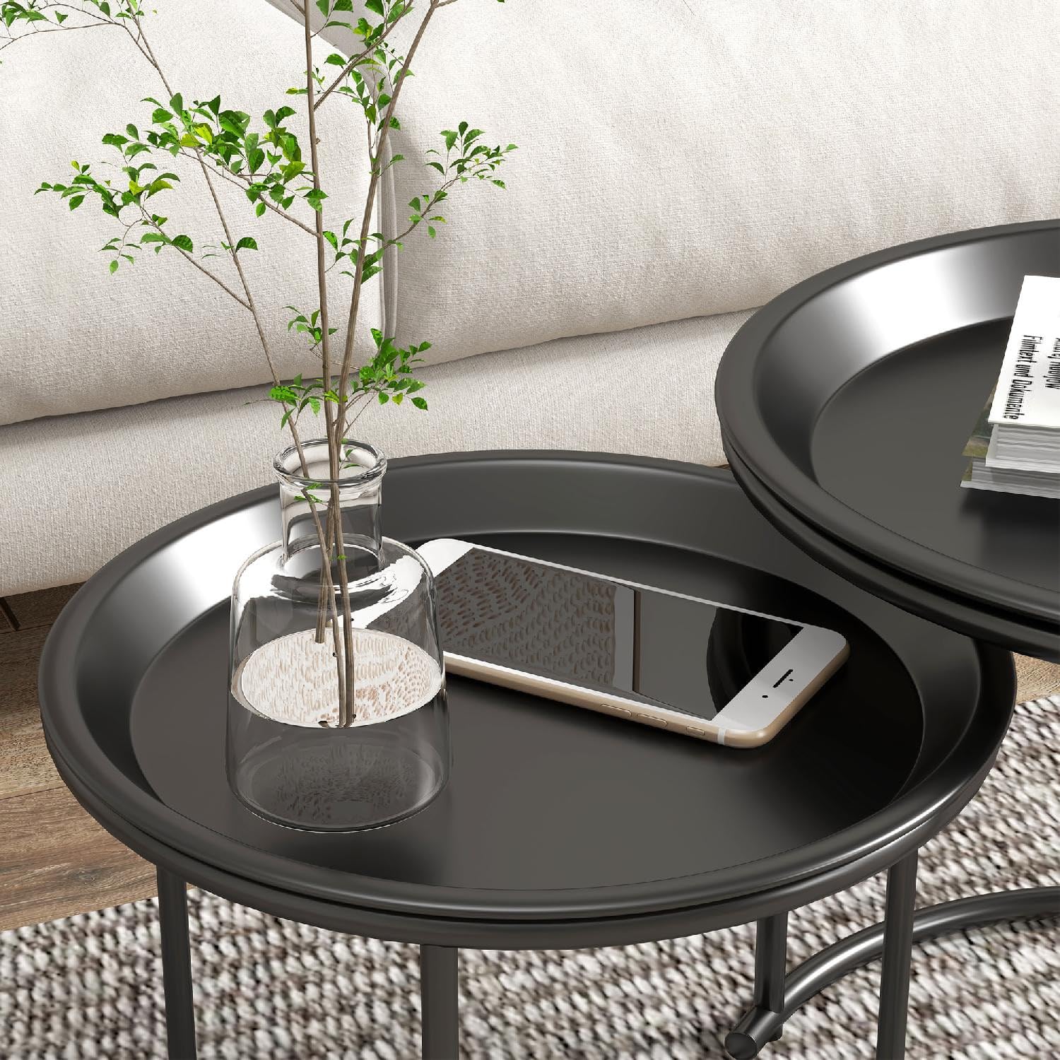 Tavolo da Giardino Rotondo Set 2 Tavolini in Acciaio Dimensioni 43x43x38 cm colore Nero