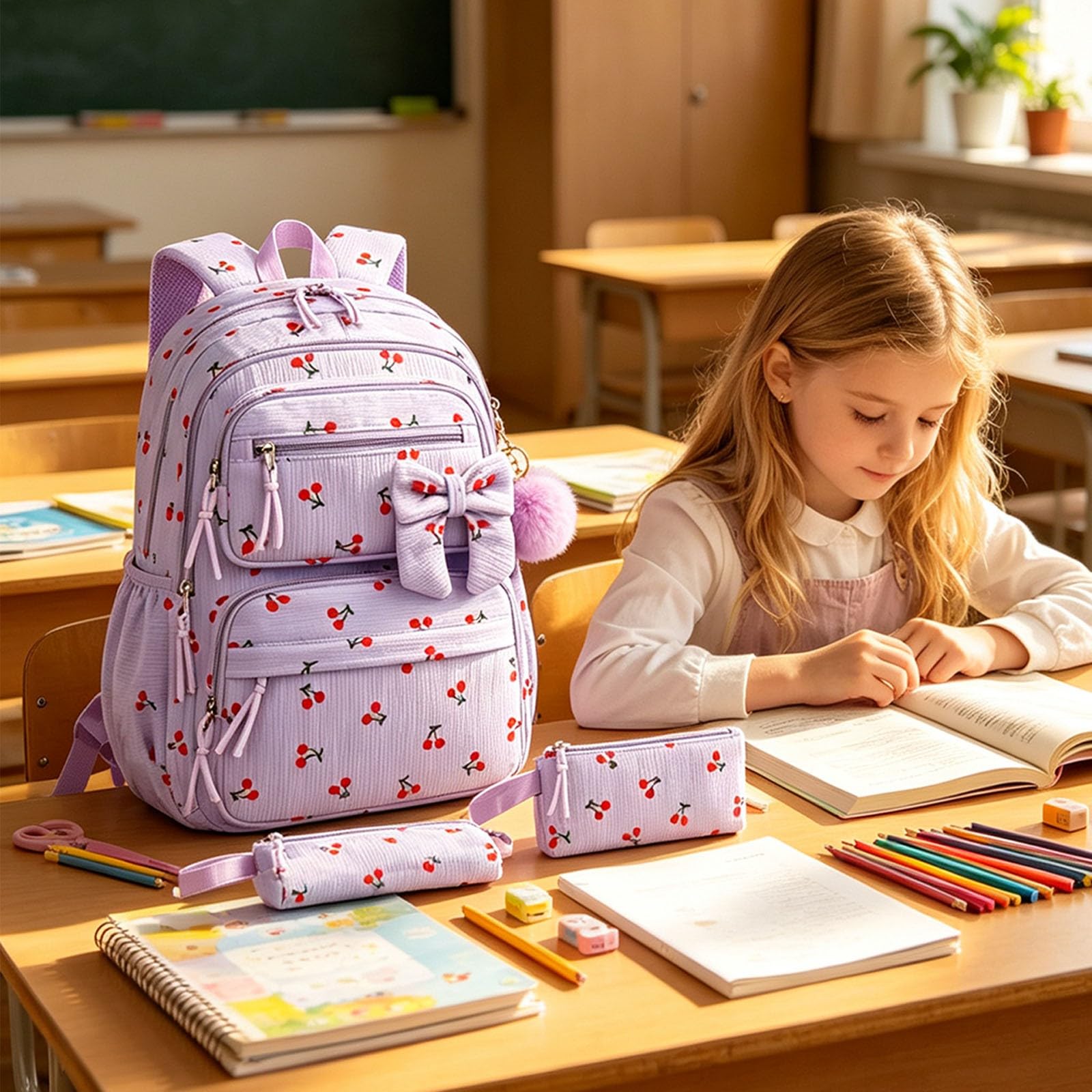 Juego de mochila y lonchera para niños con estuche para lápices, bolsa escolar de cereza, mochila ligera para niños con amplios compartimentos de almacenamiento, Purple, Talla única, Clásico