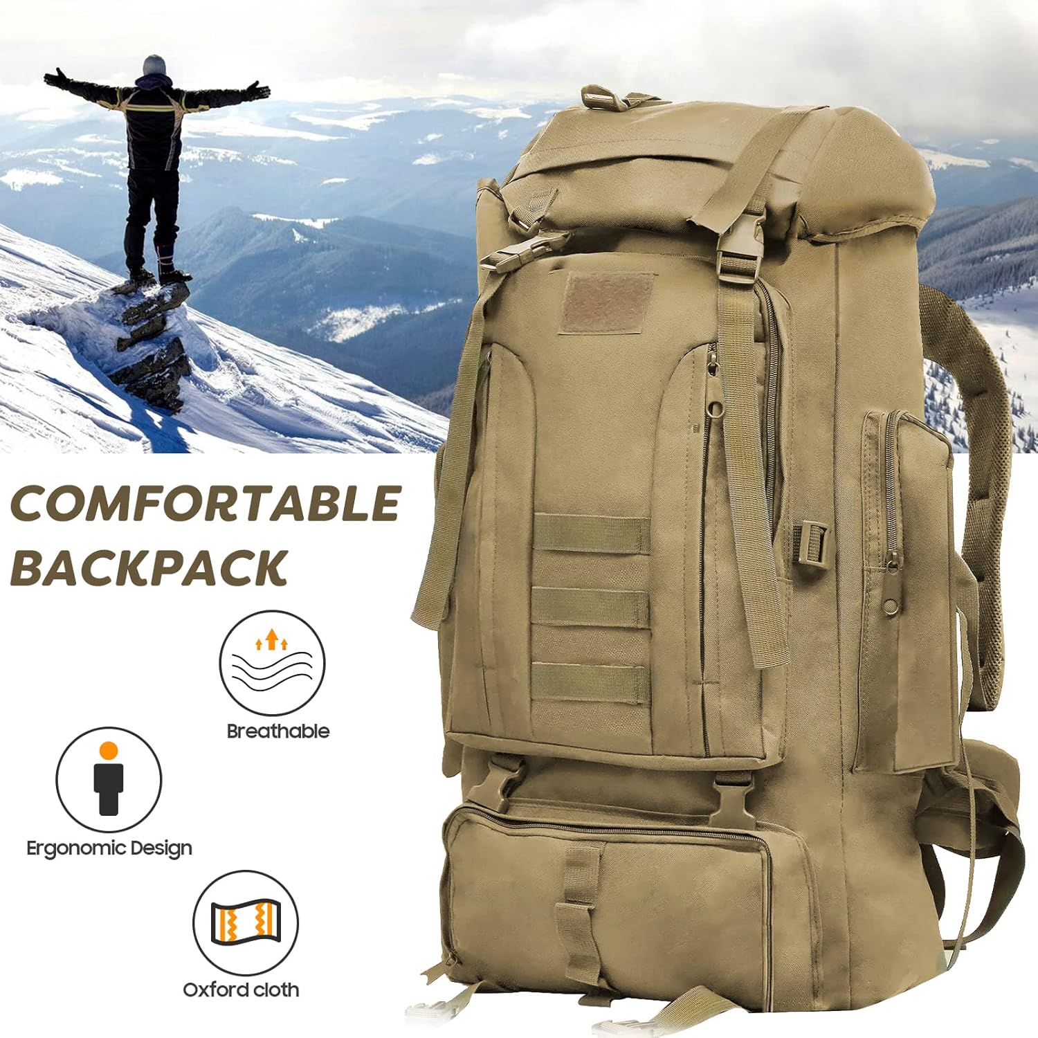 TONGJM Military Tactical Backpack 70L Large Capacity Waterproof Outdoor Camouflage Backpack Camping Bag (Khaki)