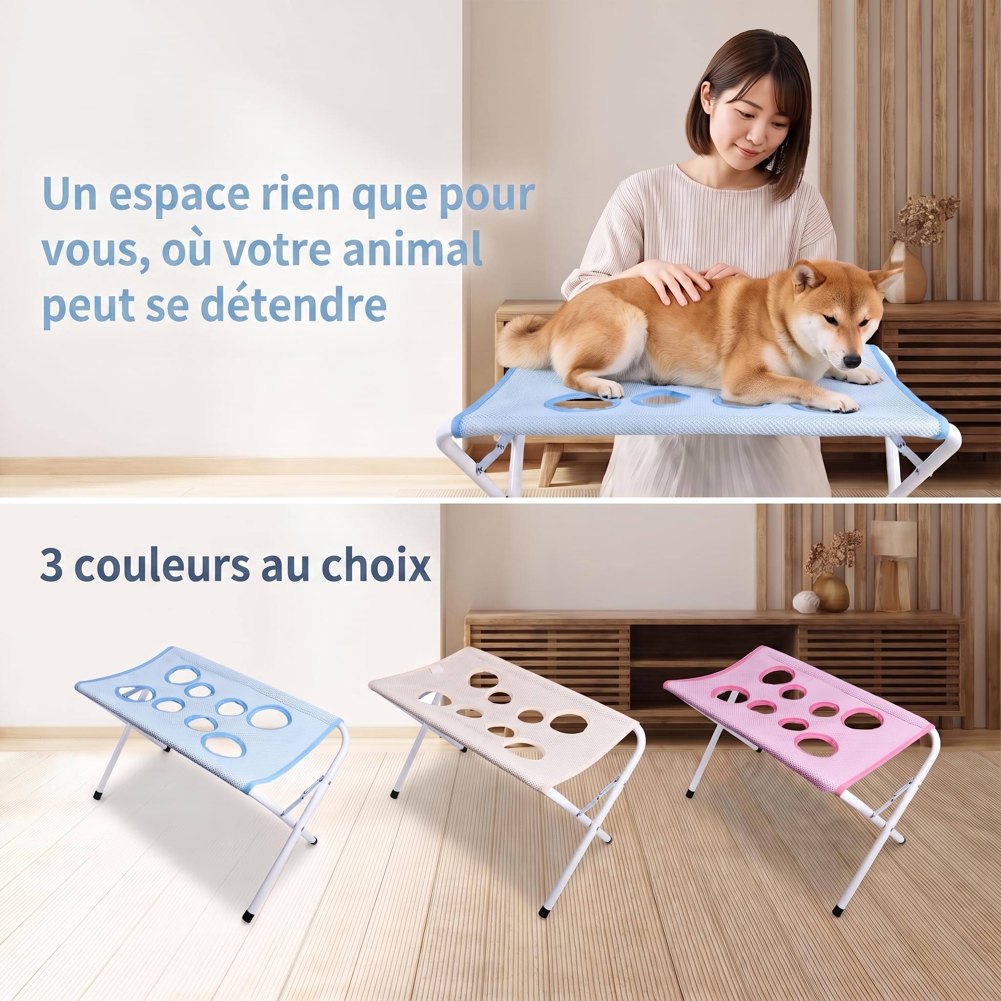Table de Toilettage pour Chiens et Chats, Table de Soin Pliante pour Petits Animaux avec Tissu Mesh Respirant, 8 Ouvertures pour Les Pattes, Structure en Acier, Jusqu'à 10 kg(Bleu)