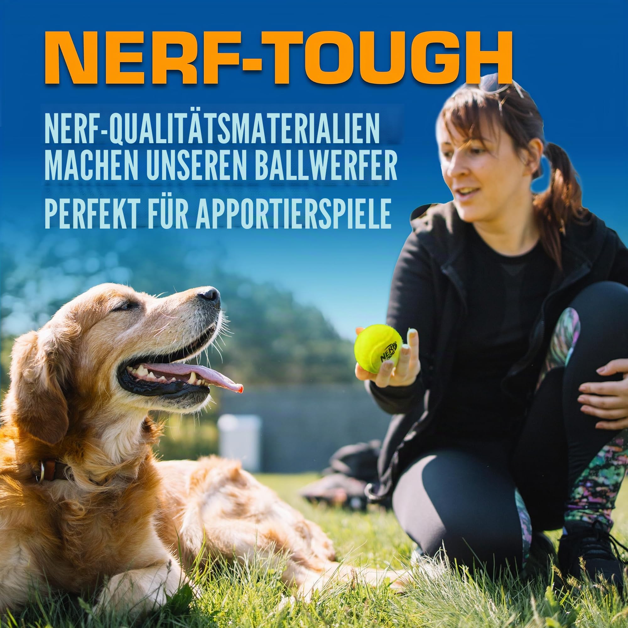 Nerf Dog Tennisball Blaster Hundespielzeug Geschenkset, Tennisball Hund Apportierspielzeug startet bis zu 50 Fuß, Hundeballwerfer für alle Rassen, inklusive durchscheinendem blauem Tennisballwerfer