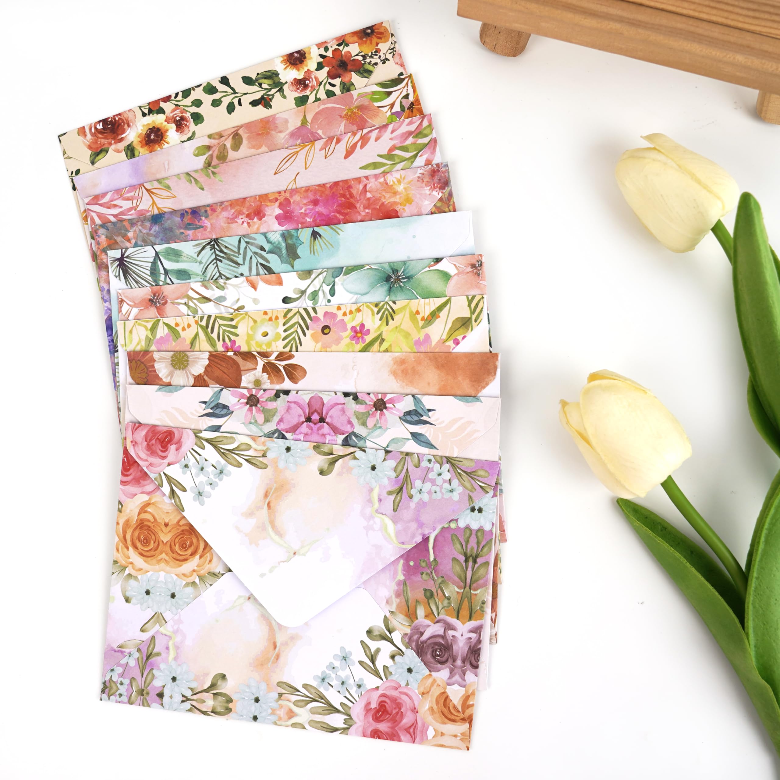 Briefpapier-Umschläge-Set, 160 Stück, 50 linierte Briefpapier, 50 Umschläge, 60 Punkt-Aufkleber, Vintage/Blumen/Blatt/Aquarell, verschiedene Stile (Schreibwaren, 160 Stück, Floral)
