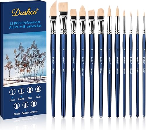 Juego de pinceles para artistas, 12 piezas de pinceles de acuarela profesionales, pinceles de acuarela - redondos, planos, lineales, filbert