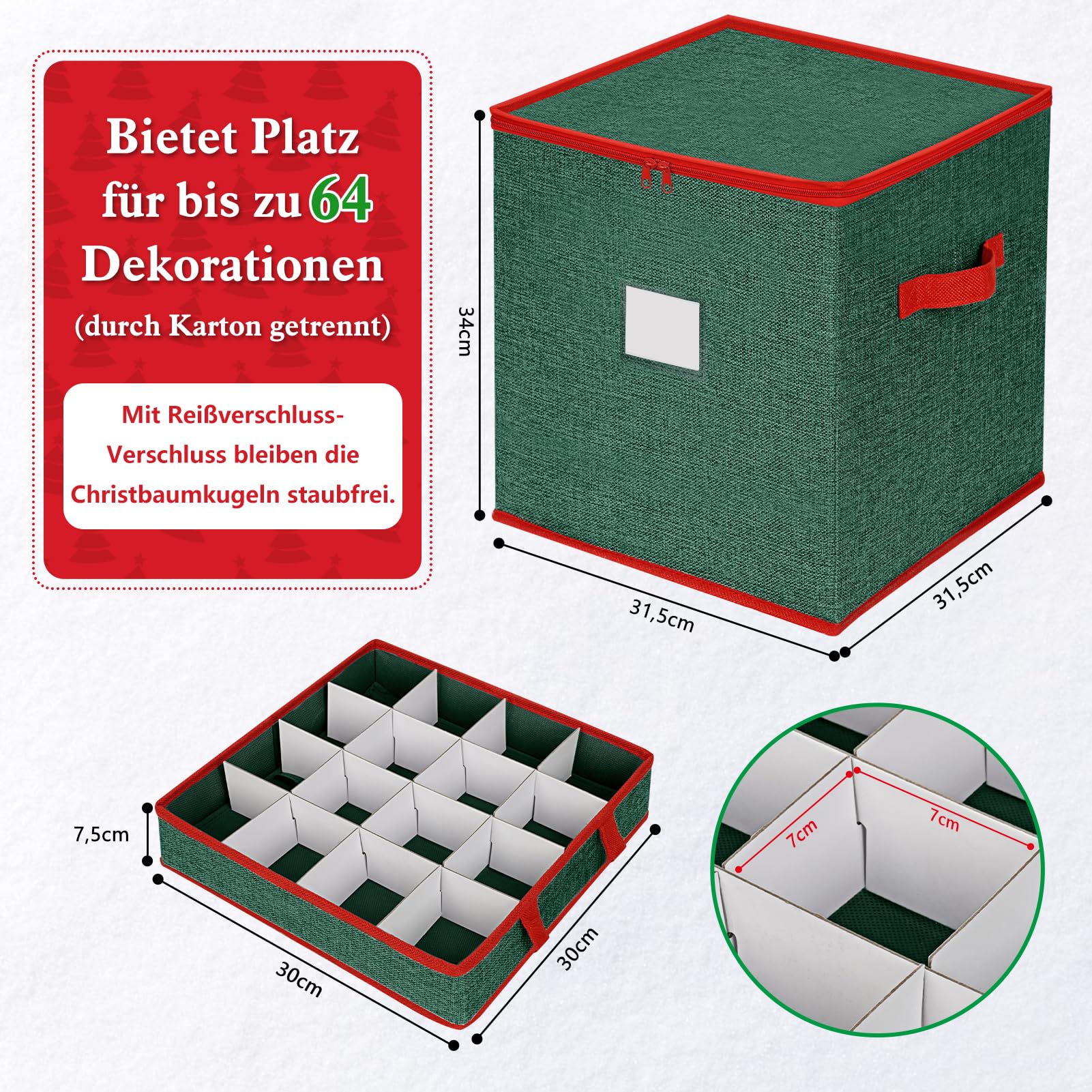 Weihnachtskugeln Aufbewahrung, Aufbewahrungsbox 64 Fächer | Aufbewahrungsboxen mit Deckel, Boxen Aufbewahrung mit 4 Ebenen, abnehmbare Griffe & Unterteiler (31,5x31,5x34 cm) - Grün Rot