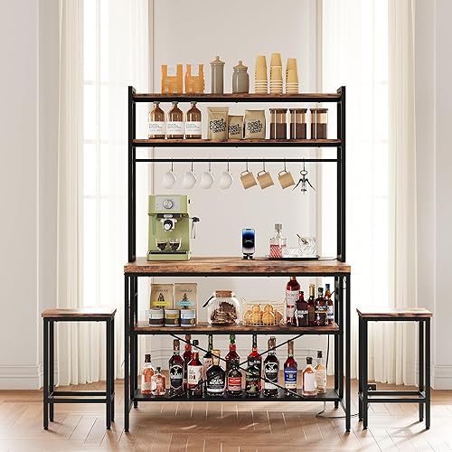 Miniatura 8 de IRONCK Isla de cocina con taburetes, estante para panadería con almacenamiento y toma de corriente, mesa de café industrial para cocina, comedor,