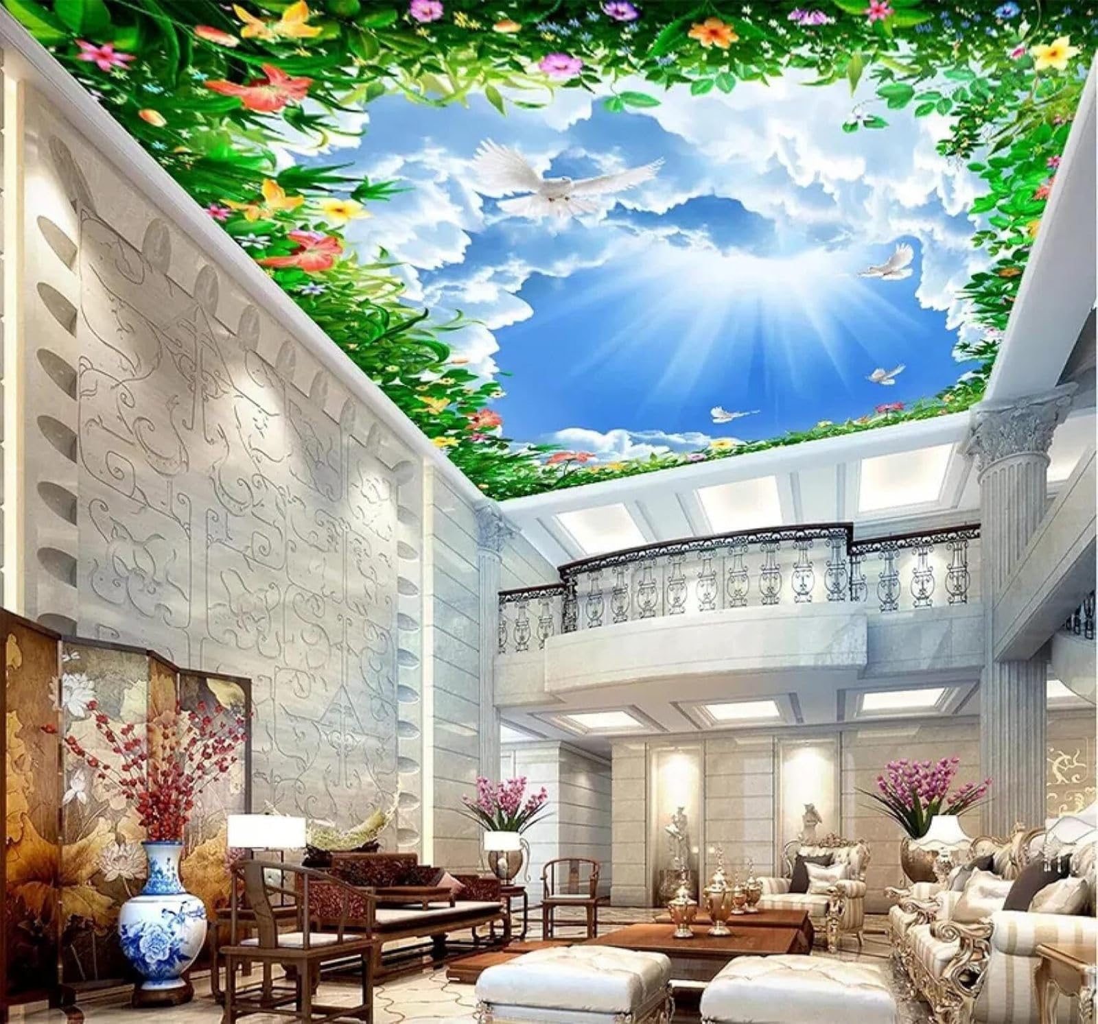 Xlming 400Cm×280Cm(B×H) Beautiful Blue Sky White Clouds Flowers And Vines 3D Wallpaper Luxury Home Dining Decor Paste Sofa Living Room The Wall For Bedroom Mural-400Cm×280Cm