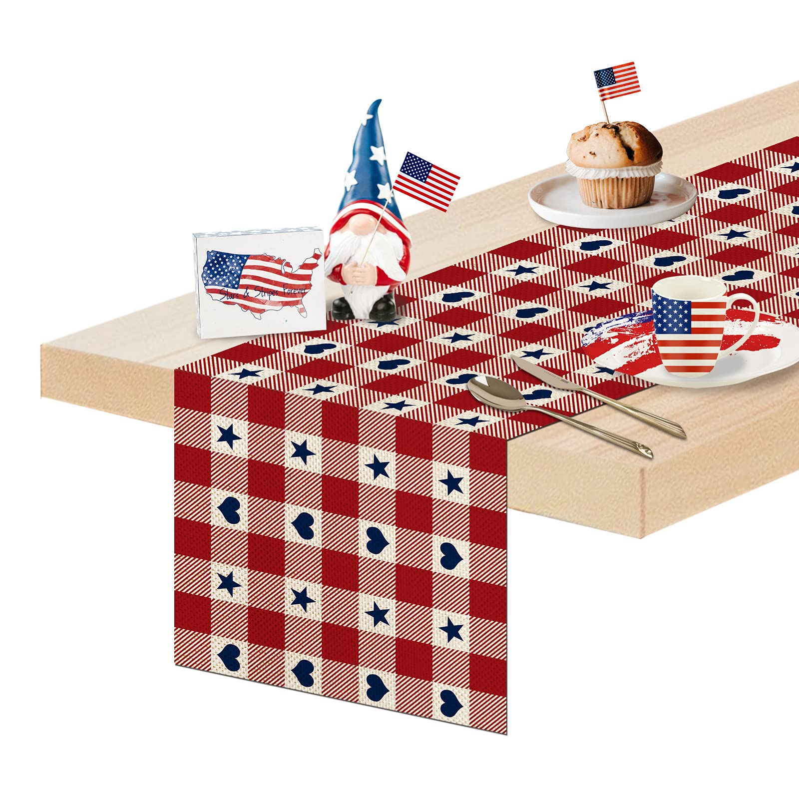 Coskaka Patriotic Memorial Day Red White Buffalo Plaid Stars and Love Burlap Table Runner, Home Kitchen Dining Table Decor for Independence Day Indoor Outdoor Dinner Party 13 x 72''