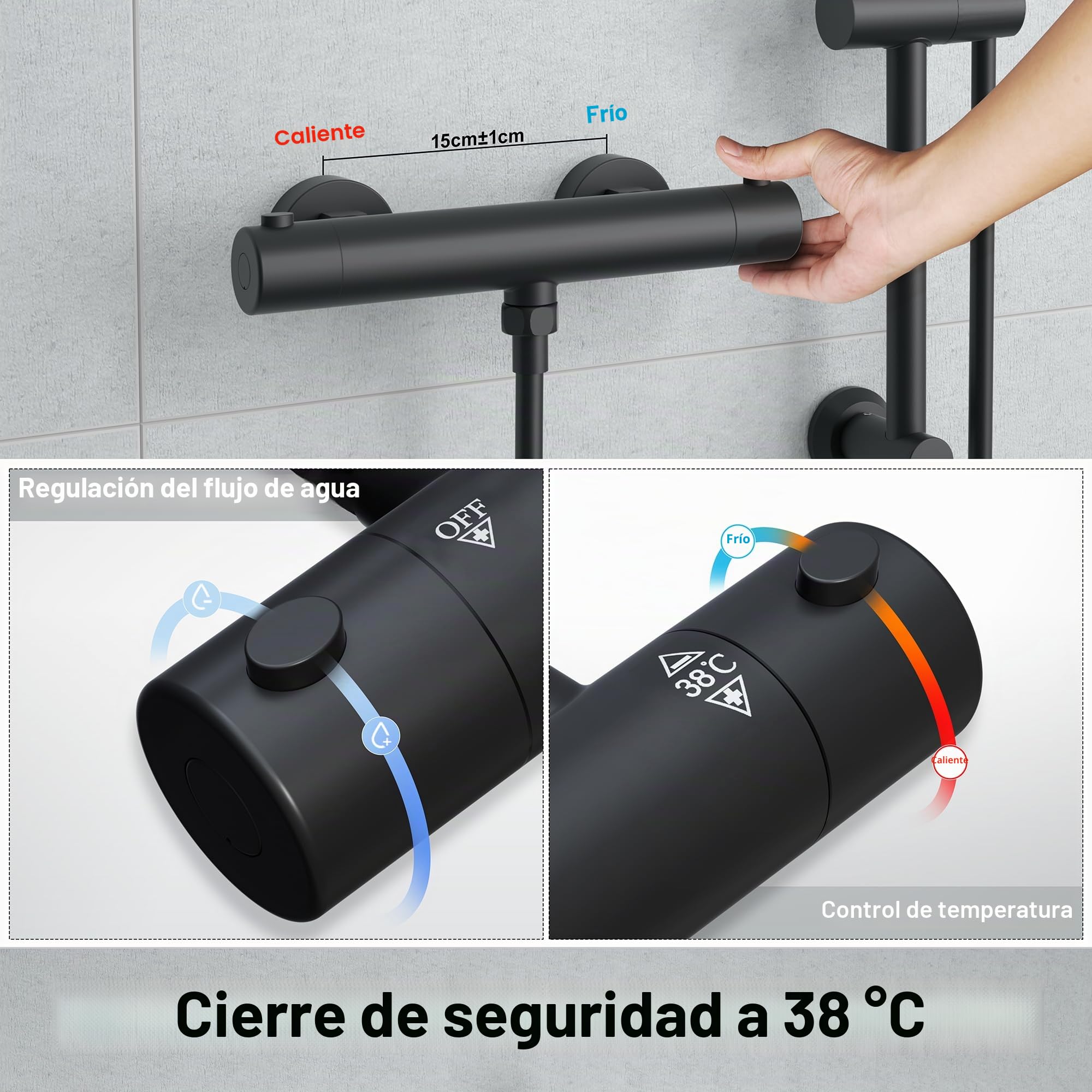 Görbach Columna Ducha Termostática, Grifo Mezclador con juego de barras de ducha de acero inoxidable, Alcachofa, barra ducha 70 cm con Estante, negro