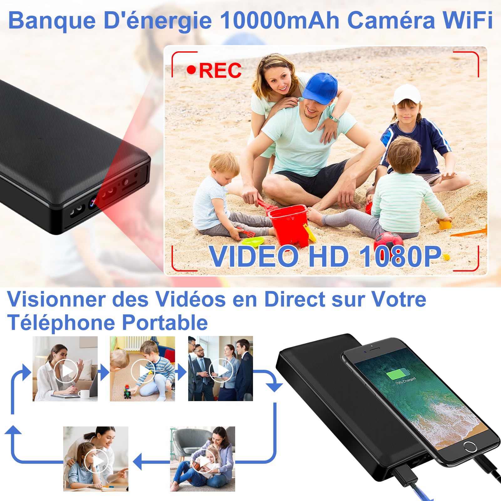 Nisanmoon Caméra Cachée Powerbank 5000mAh – Mini Caméra Espion HD 1080P, Vision Nocturne, Enregistrement Boucle + Câble USB 3-en-1