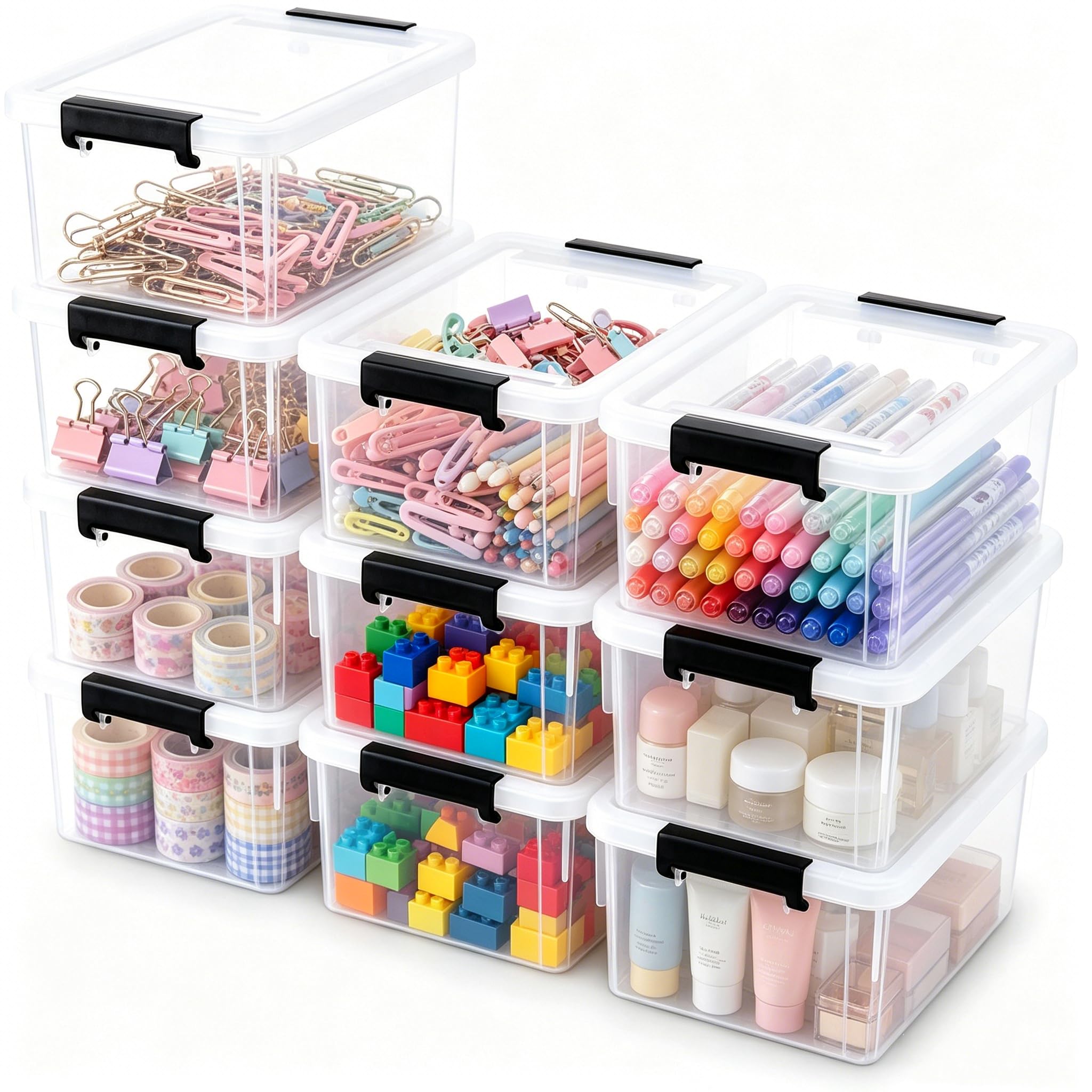 Sinboun 10 Pack 1.3 Quart Plastic Storage Bins with Lids Small Storage Containers Stackable Box with Buckle-up Latches for Organization