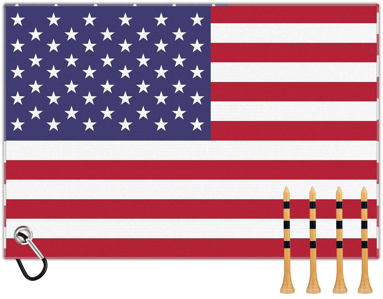 Golf Towel with Clip for Golf Club Bags for Men Women Golfers Accessories Gifts, American Flag Microfiber Large Golfing Rag with 4 PCS Golf Tees