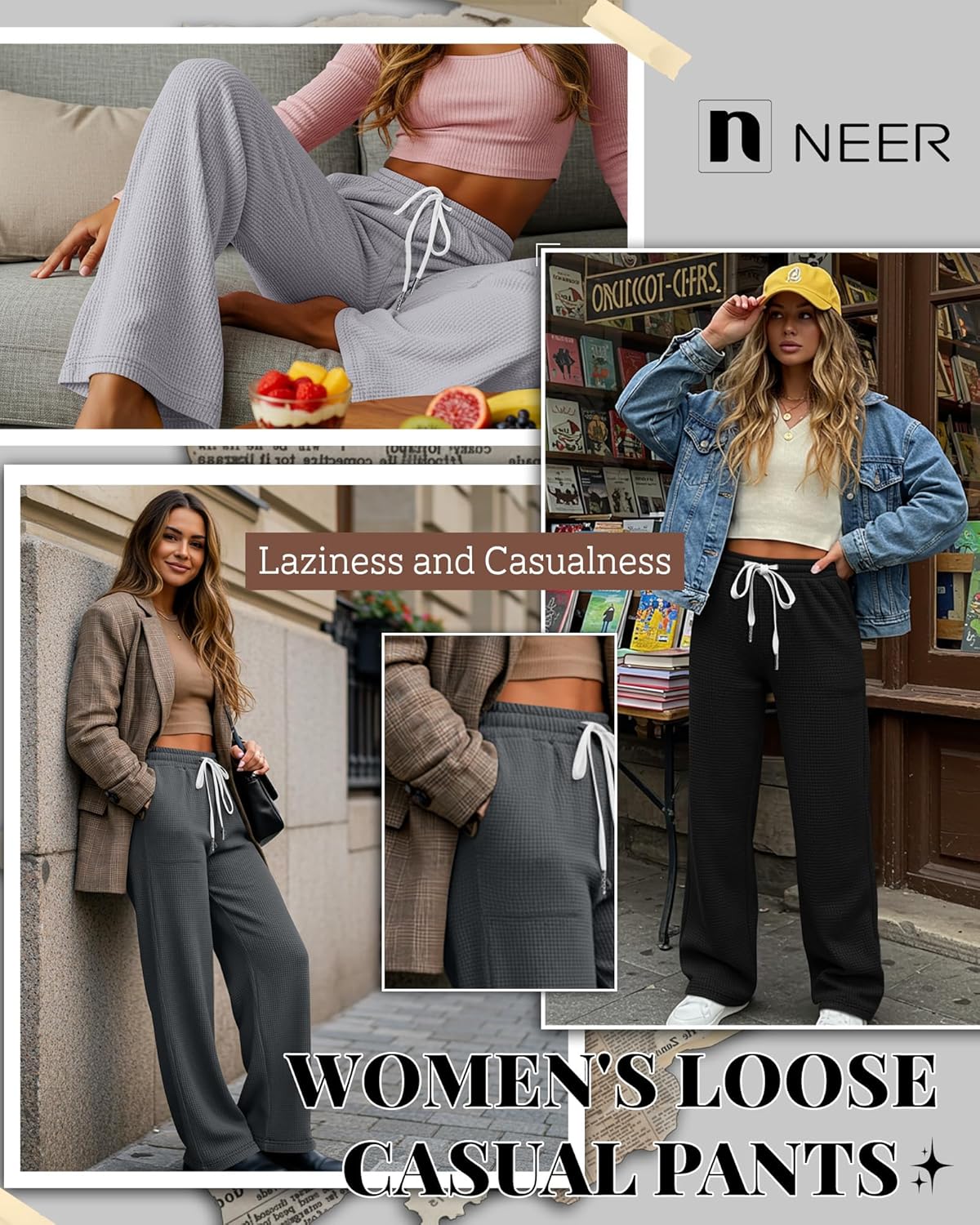Neer 3 Pack Women's Waffle Knit Pants Wide Leg Baggy Sweatpants Casual Drawstring High Waisted with Pockets Knit Trousers - Image 3