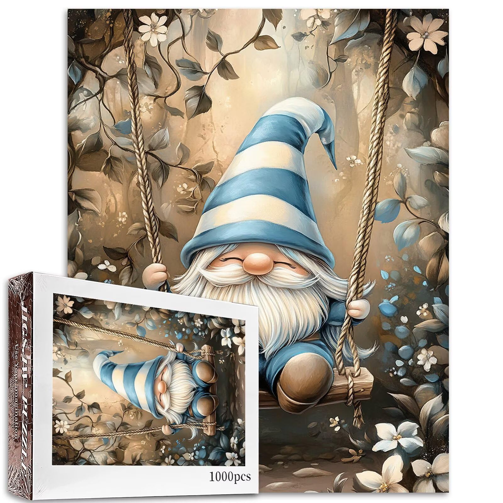 Cute gnome in a hat Sitting on Swing 1000 Piece Jigsaw Puzzles for Adults Pygmy Puzzle Gnome Puzzles Colorful DIY Puzzles for Home Decoration Gifts