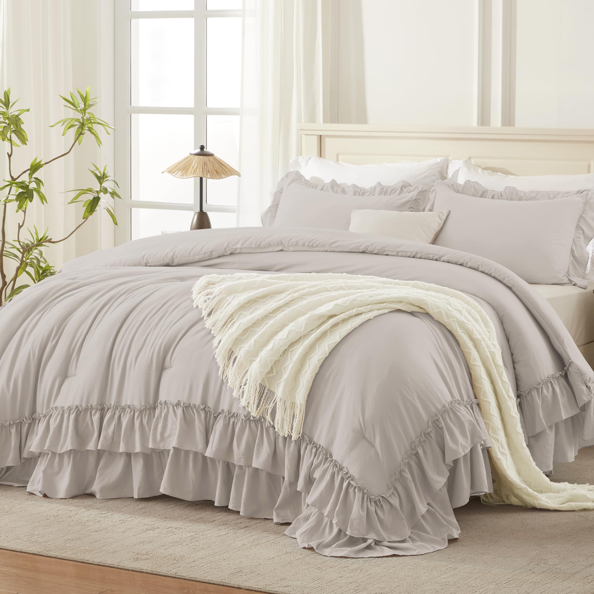 Photo 1 of Andency Linen Grey Ruffle Oversized King Comforter Set, 3 Pieces