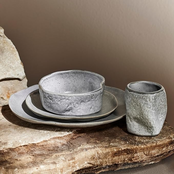Stone by Mercer Project Atik Modern Stoneware 32-Piece Dinnerware Set, Plate and Bowl Set, Dish set for 8, Grey Speckled