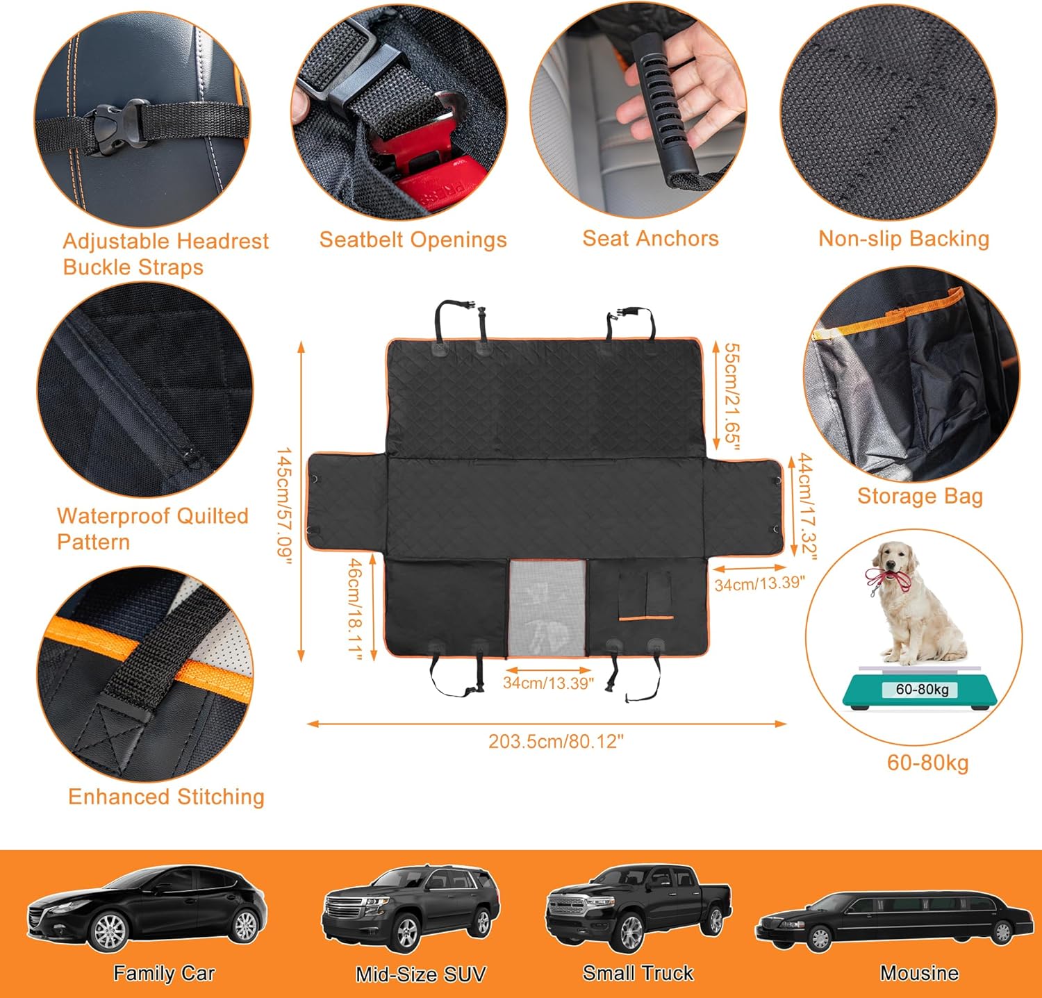 uxcell Dog Car Seat Cover Pet Back Seat Extender for Dogs 600D Sturdy Waterproof Dog Hammock Bed Trunk Protector with Zipper Mesh Window Storage Pocket Convertible for Car Truck SUV