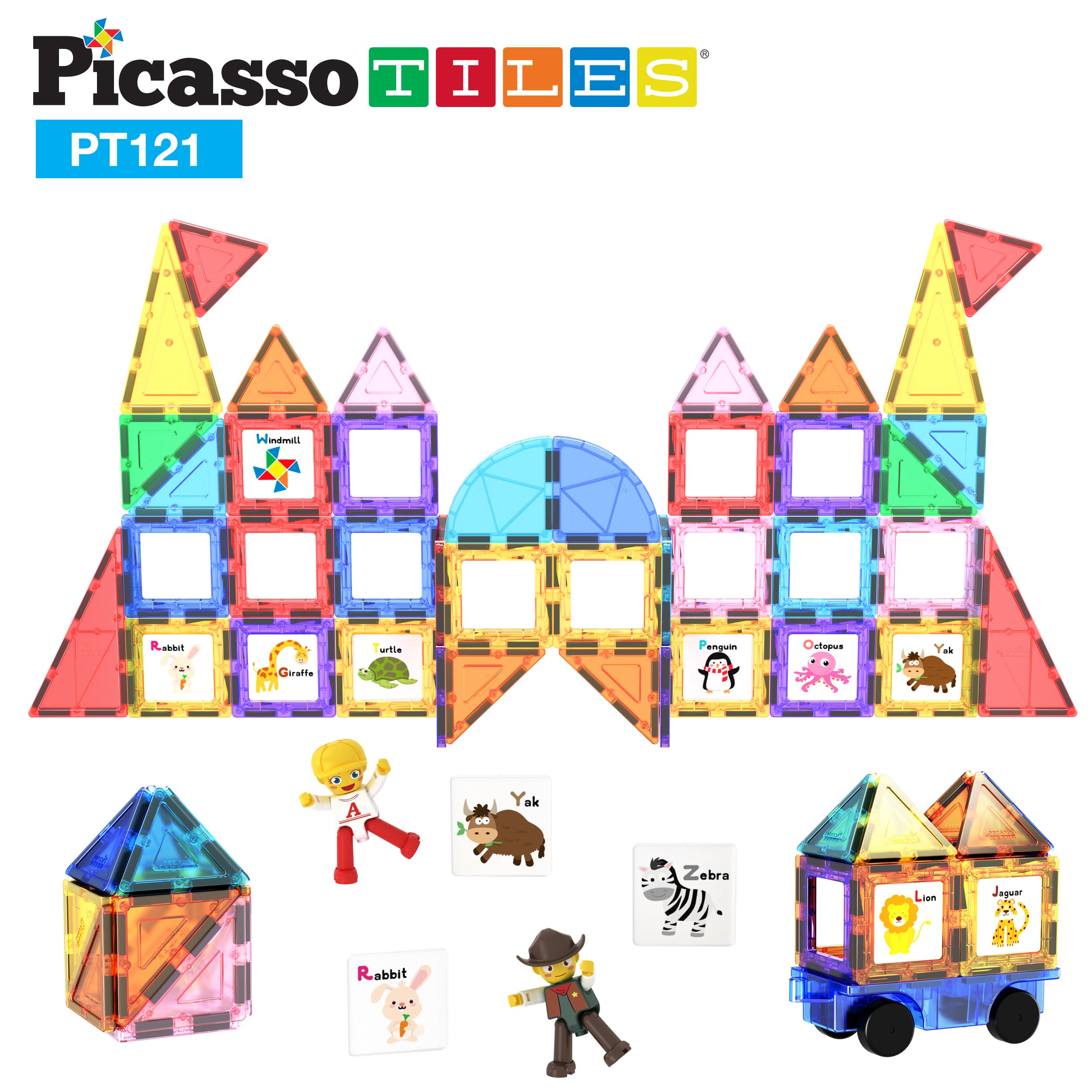 PicassoTiles 121pc Master Builder Magnetic Building Block Construction Set Blocs de tuiles aimantées avec Camion de Voiture, 2 Figurines d'action de caractère, 28 Animaux de l'alphabet éducatif