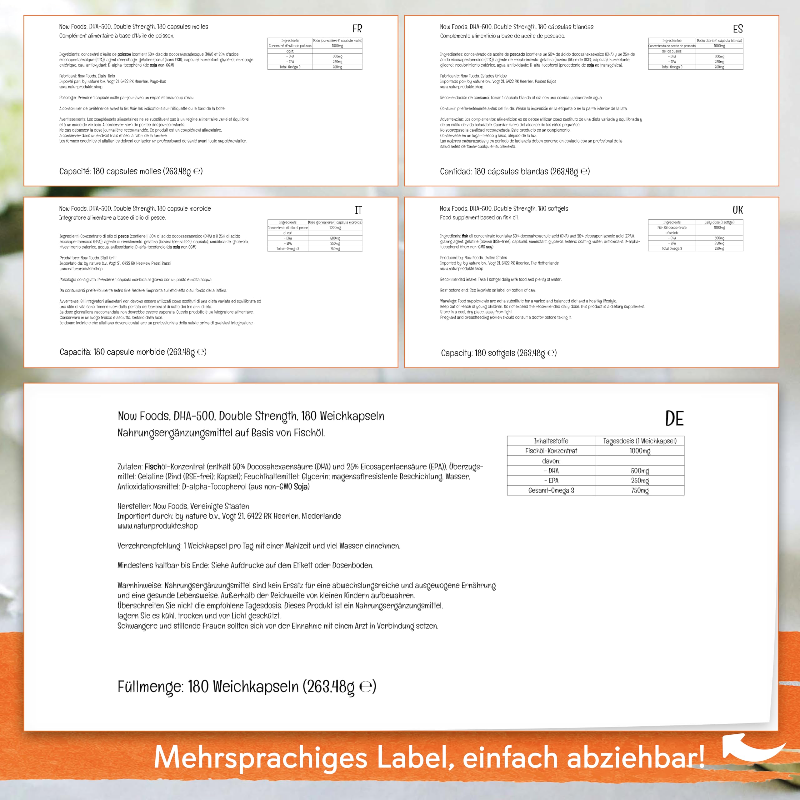 Now Foods, DHA-500, Doppelte Stärke, 180 Weichkapseln, Laborgeprüft, Fischöl, EPA, Vitamin E, Glutenfrei, Ohne Gentechnik