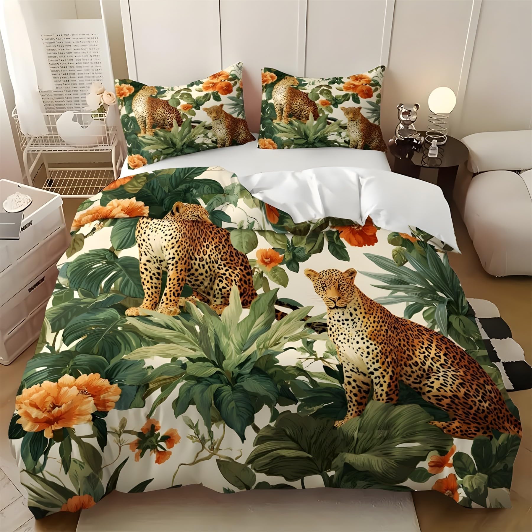 Housse de couette 220x240 motif Guépard et végétal en microfibre douce haute qualité