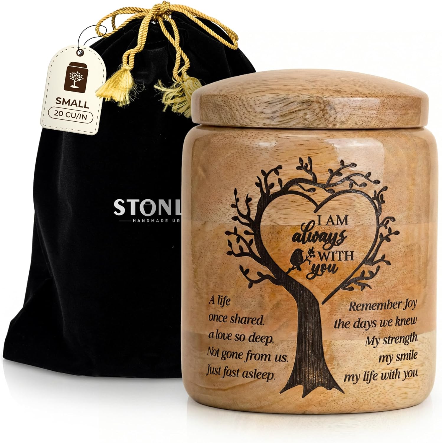 Small Wooden Cremation Urn for Ashes – 20 Cubic Inch Heart Tree of Life Engraved Keepsake Urn, Natural Wood, Memorial for Pet or Small Remains