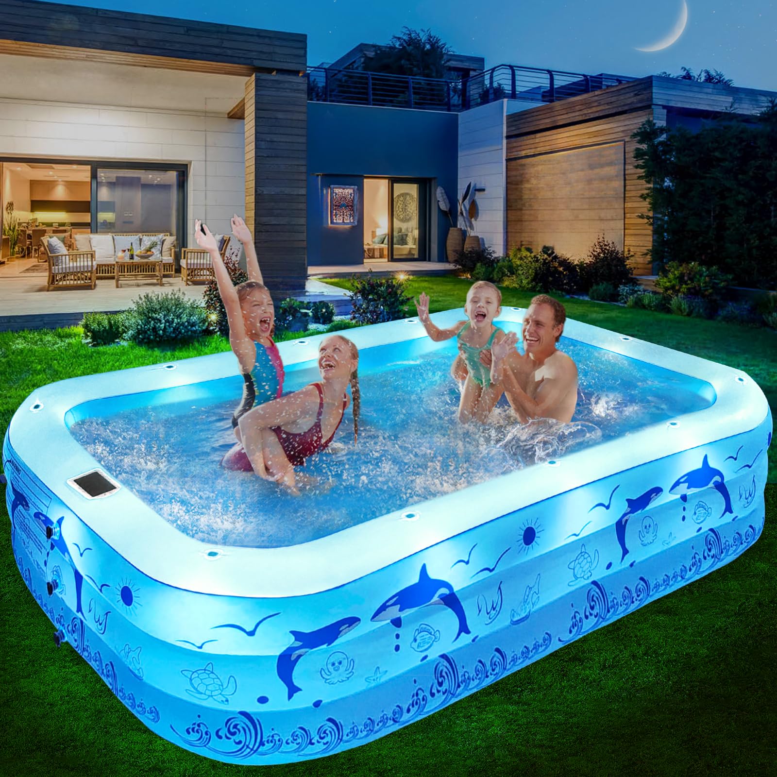 2025 Upgrade Inflatable Pools with Lights, Family Inflatable Swimming Pools for Kids,Adults, Blow Up Pool Solar, Large Kiddie Pool, Durable Thickened Inflatable Family Pool for Backyard-White