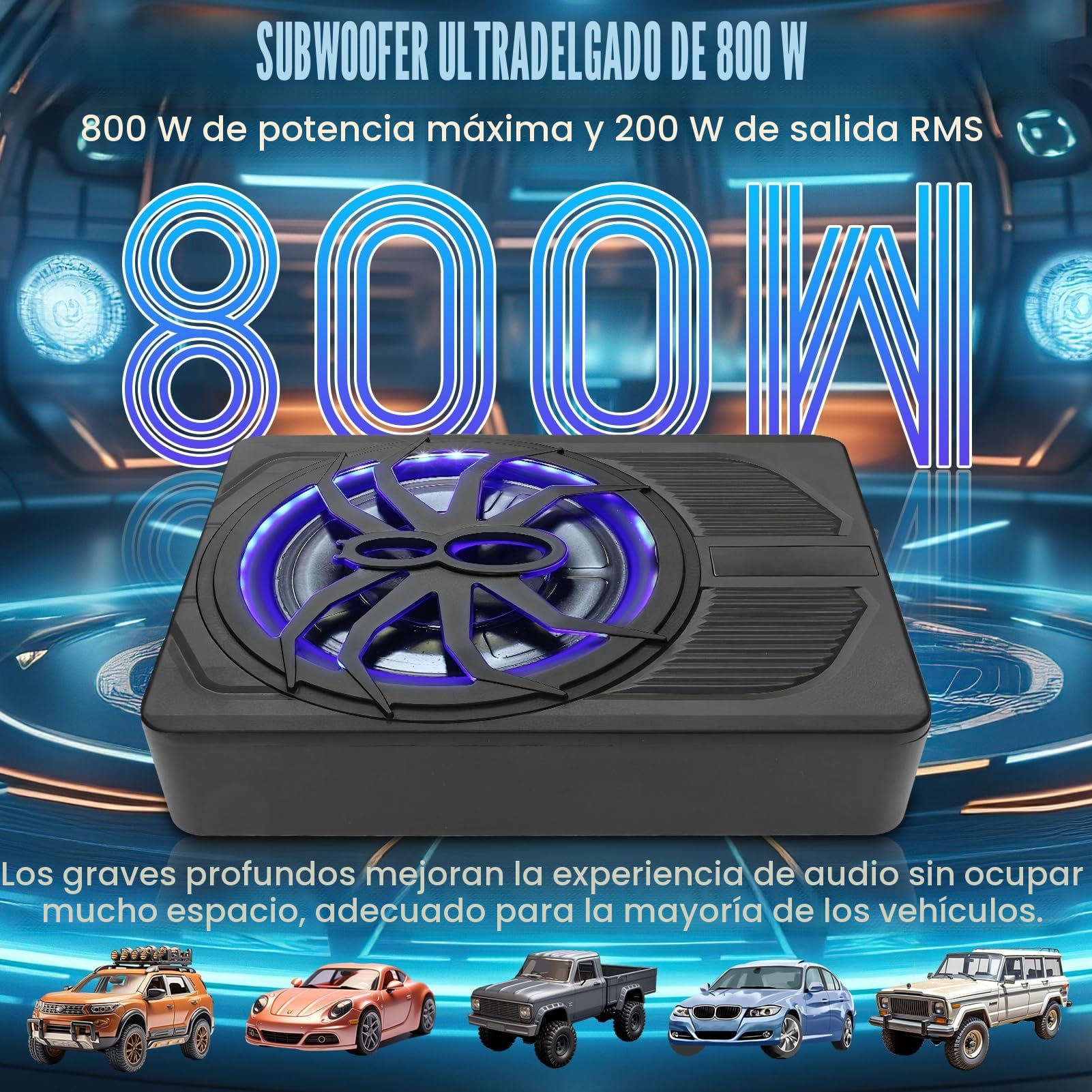 Subwoofer activo ultradelgado de 10 pulgadas 800W para automóvil/camión con amplificador, graves potentes, frecuencia 20Hz-150Hz, controlador de graves incluido, con funciones de protección