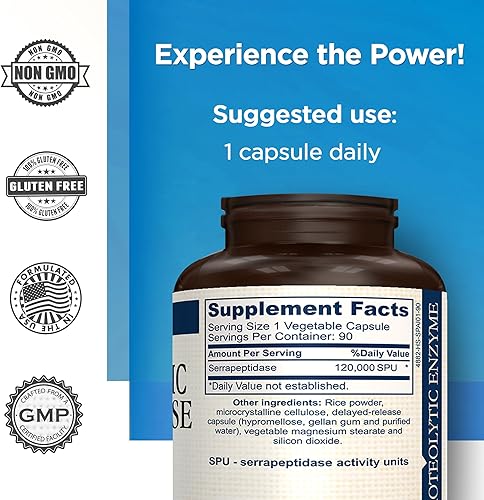 Miniatura 4 de Enzimas serrapeptasa proteolíticas - 120,000 SPU - Apoya la circulación, la digestión y la salud respiratoria - Apoya la salud sinusal e inmune -