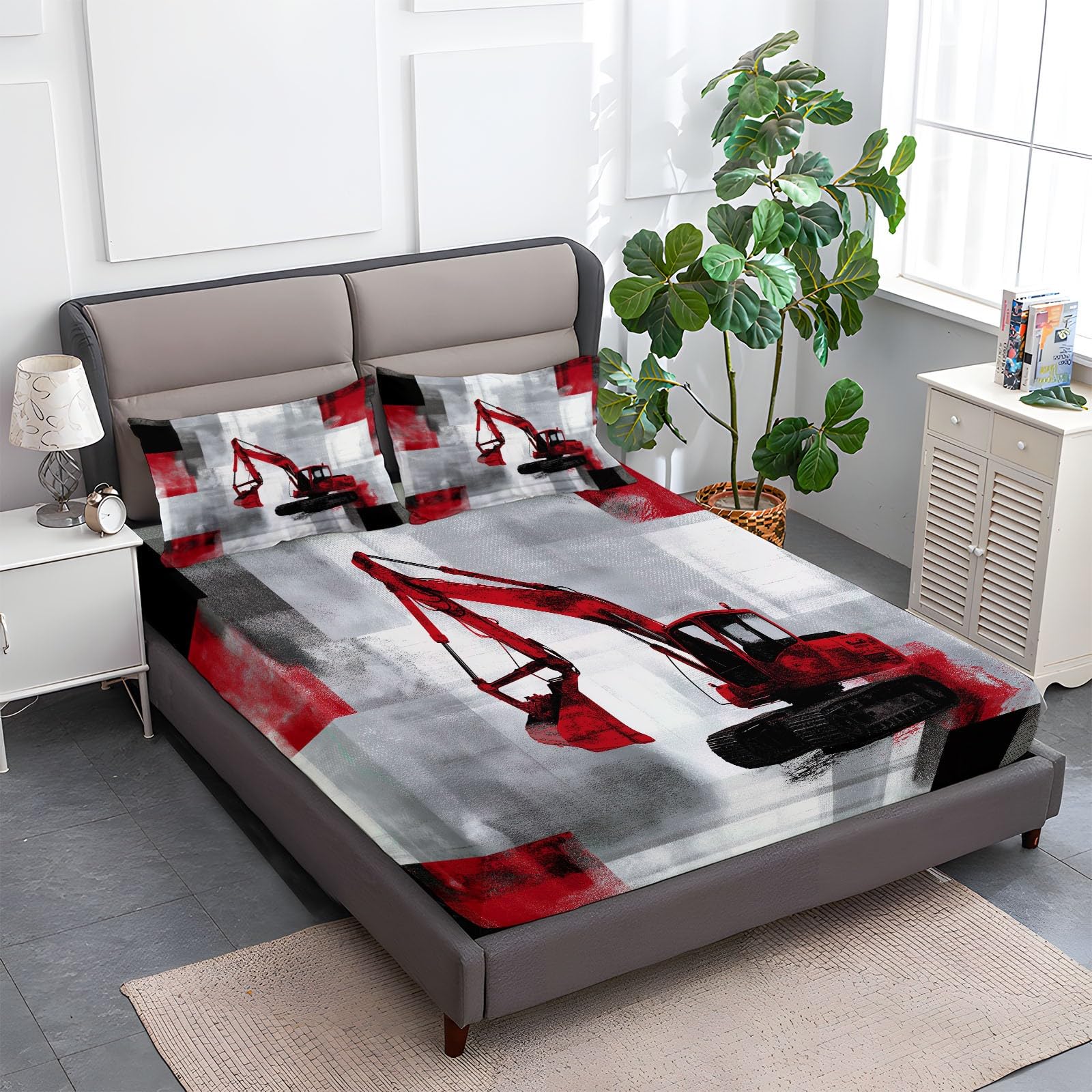 200 x 200 cm Drap Housse Microfibre, Excavatrice Abstraite À Blocs Couleur Imprimé Parure De Lit Doux Élastique Drap Housse 30 cm Profonde pour Matelas Epais - Convient à Toutes Les Saisons, Gris