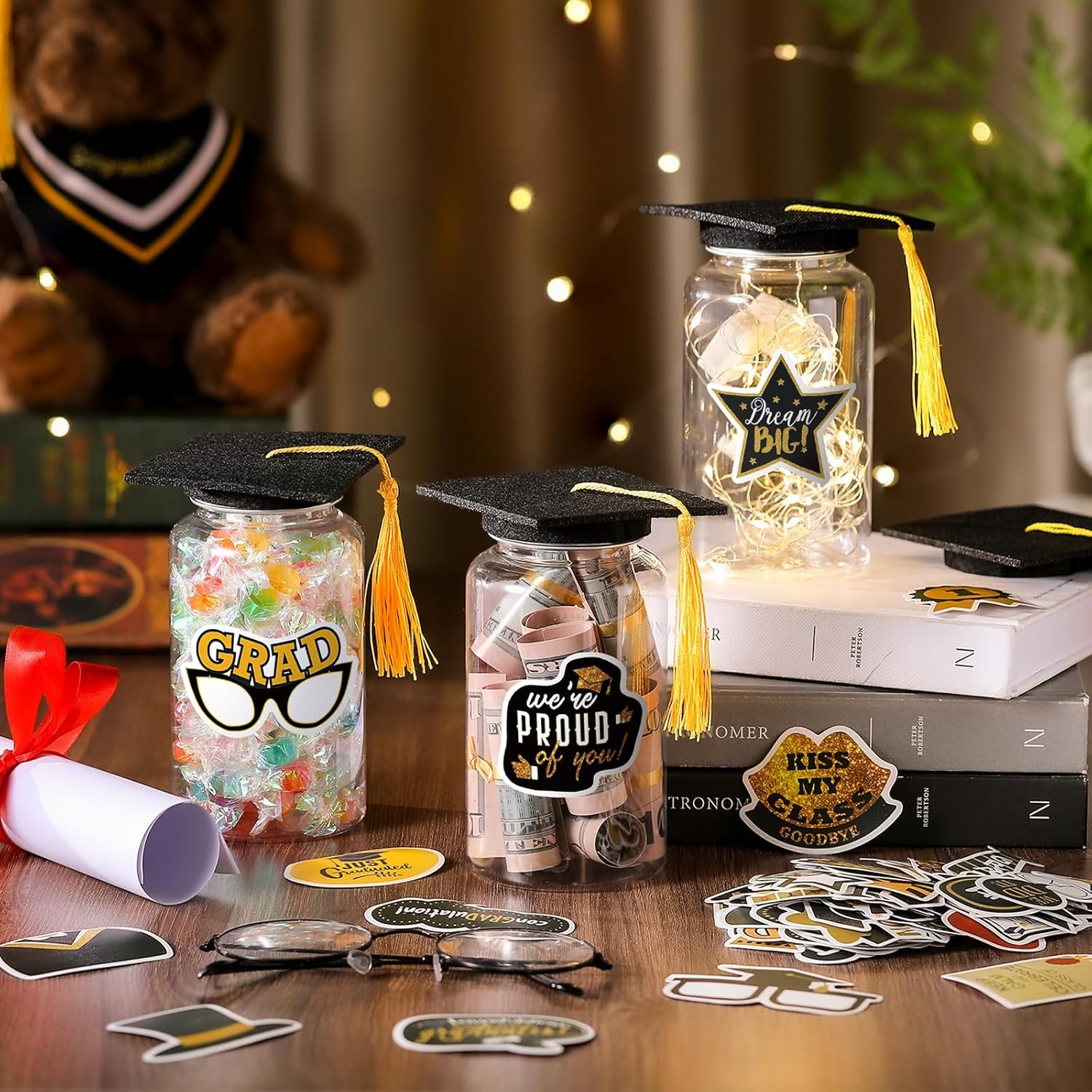12 Sets 2025 Graduation Decorations Class of 2025 Graduation Jar Table Centerpieces with Black Felt Grad Hat and Stickers for College High School Congrats Grad Party Supplies