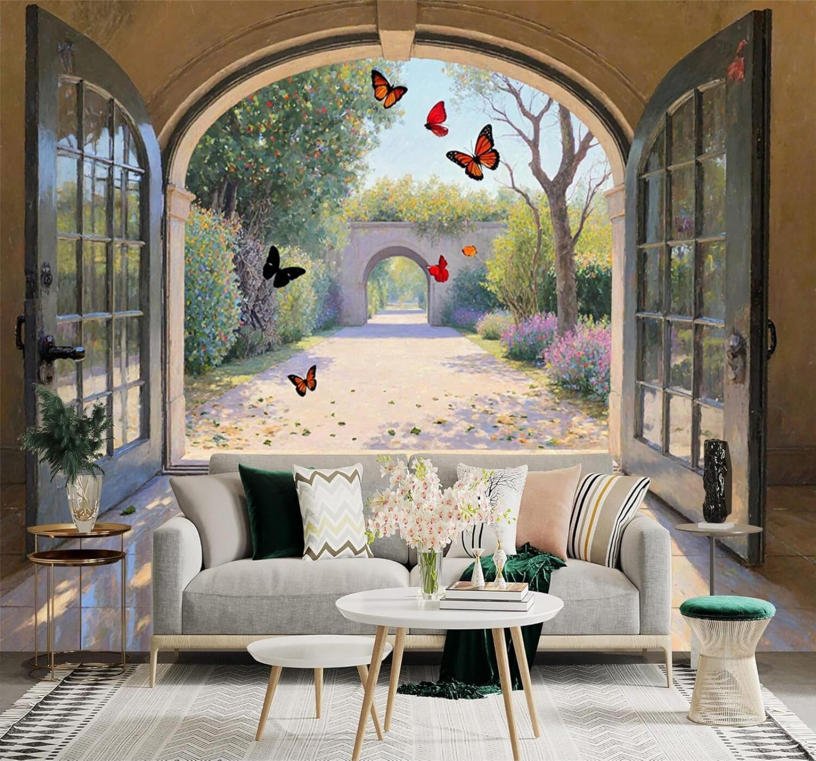 Xlming 400Cm×280Cm(B×H) Sunlight Garden Archway Butterflies Flowering Trees 3D Wallpaper Premium Textured Silk Study Dining Living Room Bedroom Sofa Tv Wall Easy Install-400Cm×280Cm