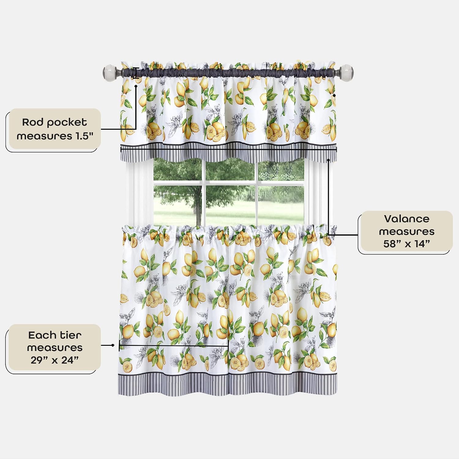 ACHIM Light Filtering Window Curtain, Printed Tier & Valance Set - 58 Inch Length, 24 Inch Width - Lemon Drop (Yellow), Machine Washable Drape for Kitchen, Bedroom, Living, & Dining Room Home Decor