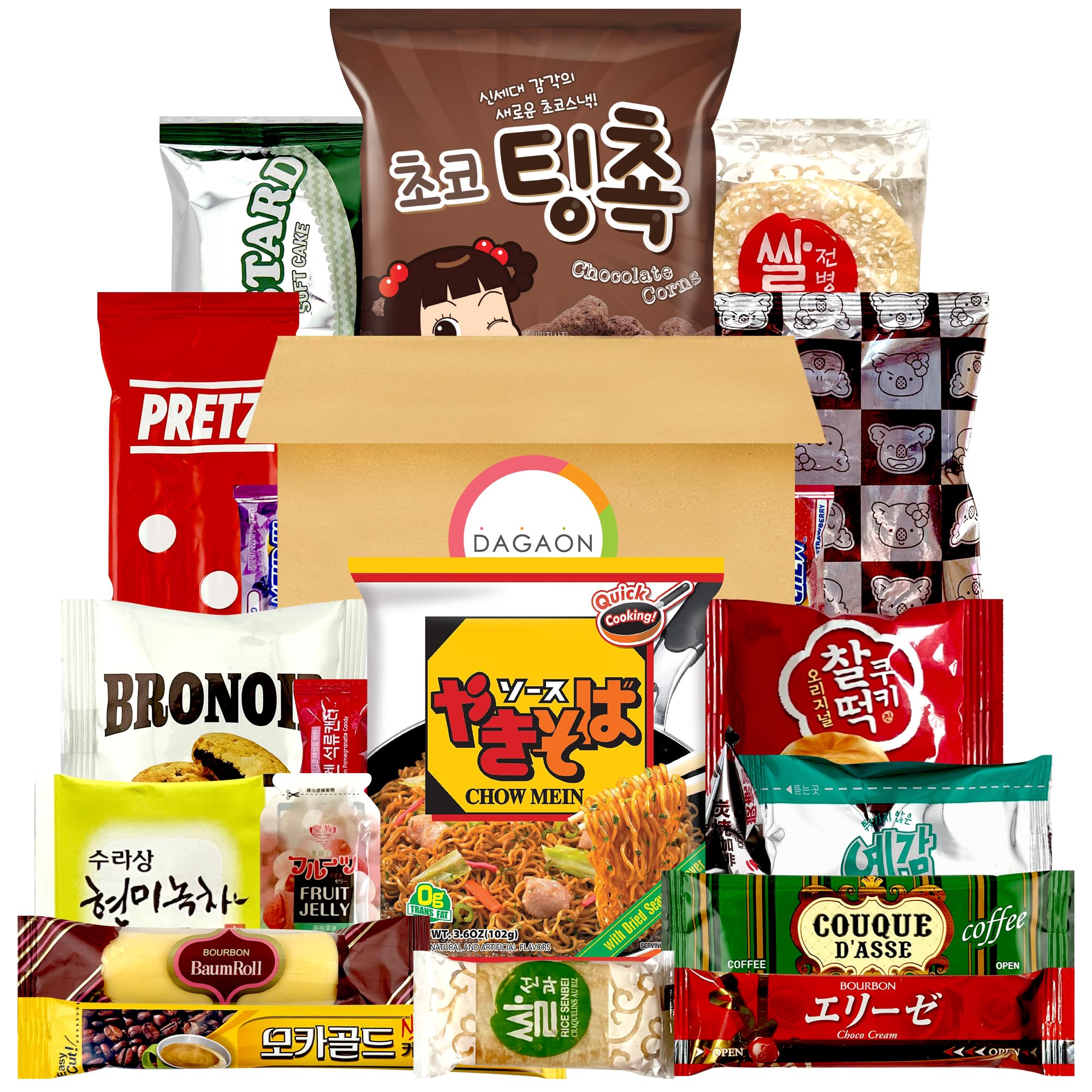 Dagaon Korean Japanese Snack Box 20 Count - Collection of Snacks Including Ramen, Biscuits, Cookies, Pies, Crackers, Chips, Candies and Much More from Japan and Korea. Dagashi Assortments Set.