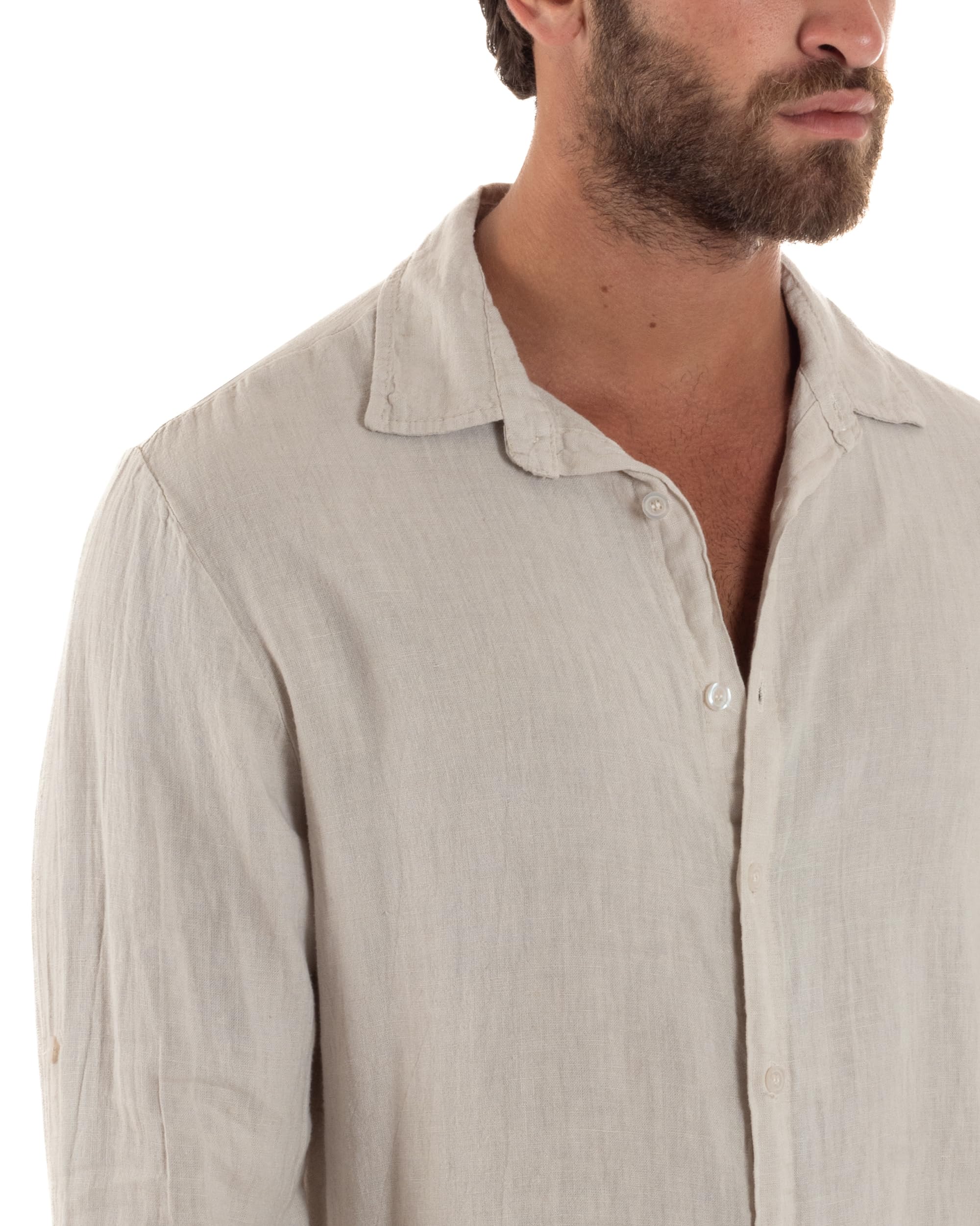 Camicia Uomo Lino Colletto Maniche Lunghe Casual Regular Fit Basic Tinta Unita Vari Colori