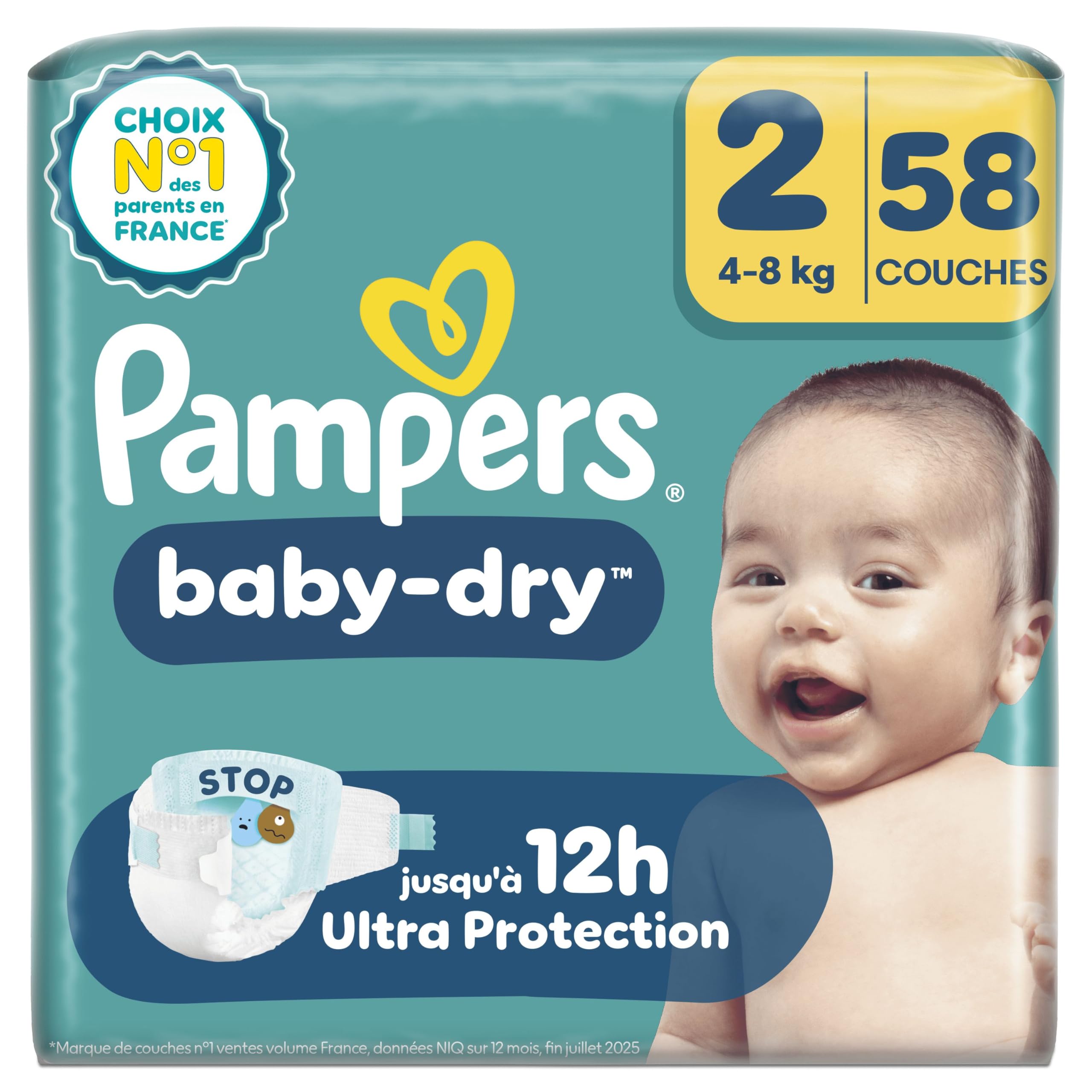 Pampers Baby-Dry Taille 2 58 Couches 4kg-8kg Nuit Confortable Sans Fuites