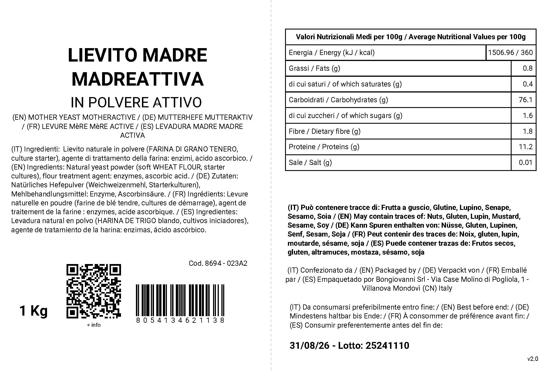 Bongiovanni Bontà Naturali MadreAttiva (Poudre de Levure Mère Active Séchée) 1 kg